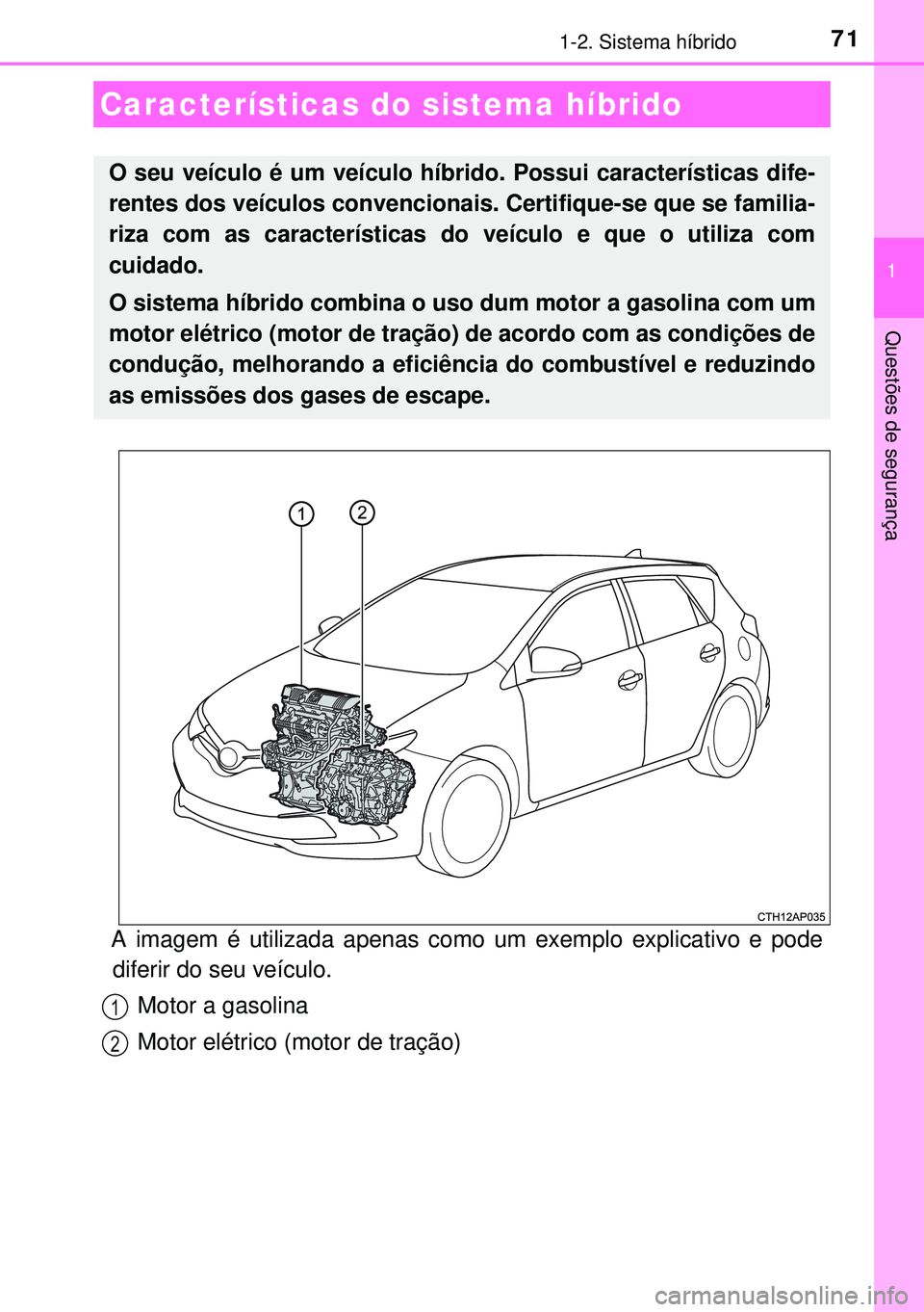 TOYOTA AURIS HYBRID 2015 Manual de utilização (in Portuguese) 71
1
Questões de segurança
1-2. Sistema híbrido
A imagem é utilizada apenas como um exemplo explicativo e pode
diferir do seu veículo.
Motor a gasolina
Motor elétrico (motor de tração)
Caracte TOYOTA AURIS HYBRID 2015 Manual de utilização (in Portuguese) 71
1
Questões de segurança
1-2. Sistema híbrido
A imagem é utilizada apenas como um exemplo explicativo e pode
diferir do seu veículo.
Motor a gasolina
Motor elétrico (motor de tração)
Caracte