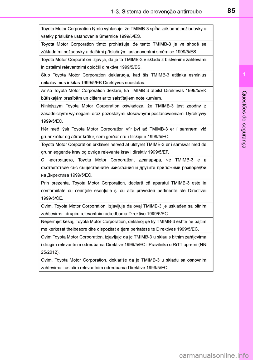 TOYOTA AURIS HYBRID 2015 Manual de utilização (in Portuguese) 851-3. Sistema de prevenção antirroubo
1
Questões de segurança TOYOTA AURIS HYBRID 2015 Manual de utilização (in Portuguese) 851-3. Sistema de prevenção antirroubo
1
Questões de segurança