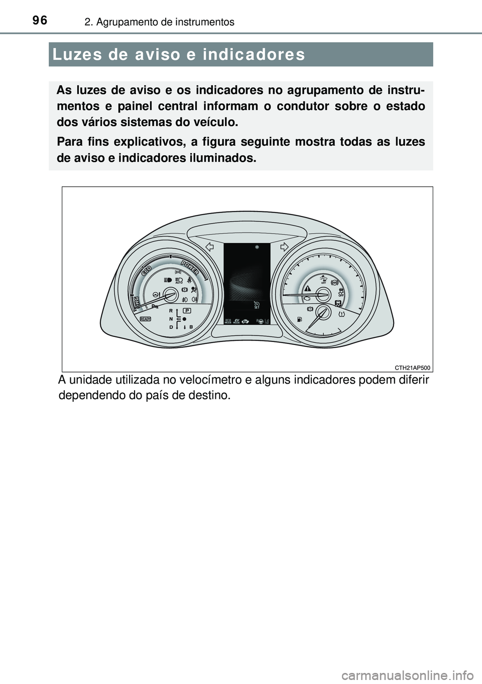 TOYOTA AURIS HYBRID 2015 Manual de utilização (in Portuguese) 962. Agrupamento de instrumentos
A unidade utilizada no velocímetro e alguns indicadores podem diferir
dependendo do país de destino.
Luzes de aviso e indicadores
As luzes de aviso e os indicadores TOYOTA AURIS HYBRID 2015 Manual de utilização (in Portuguese) 962. Agrupamento de instrumentos
A unidade utilizada no velocímetro e alguns indicadores podem diferir
dependendo do país de destino.
Luzes de aviso e indicadores
As luzes de aviso e os indicadores