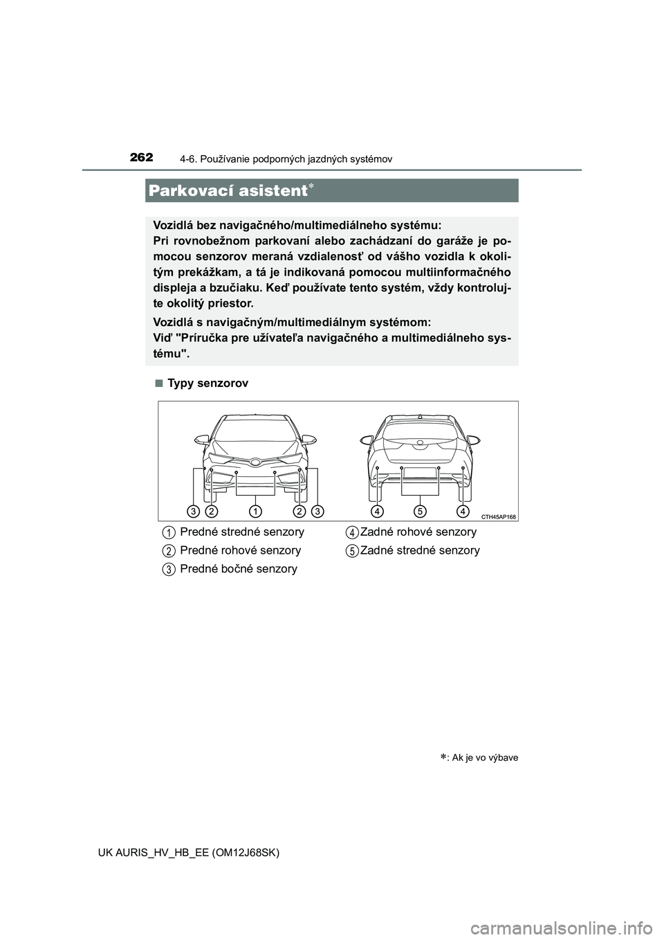 TOYOTA AURIS HYBRID 2015 Návod na použitie (in Slovakian) 2624-6. Používanie podporných jazdných systémov
UK AURIS_HV_HB_EE (OM12J68SK)■
Typy senzorov
Parkovací asistent
: Ak je vo výbave
Vozidlá bez navigačného/multimediálneho systému:
TOYOTA AURIS HYBRID 2015 Návod na použitie (in Slovakian) 2624-6. Používanie podporných jazdných systémov
UK AURIS_HV_HB_EE (OM12J68SK)■
Typy senzorov
Parkovací asistent
: Ak je vo výbave
Vozidlá bez navigačného/multimediálneho systému: