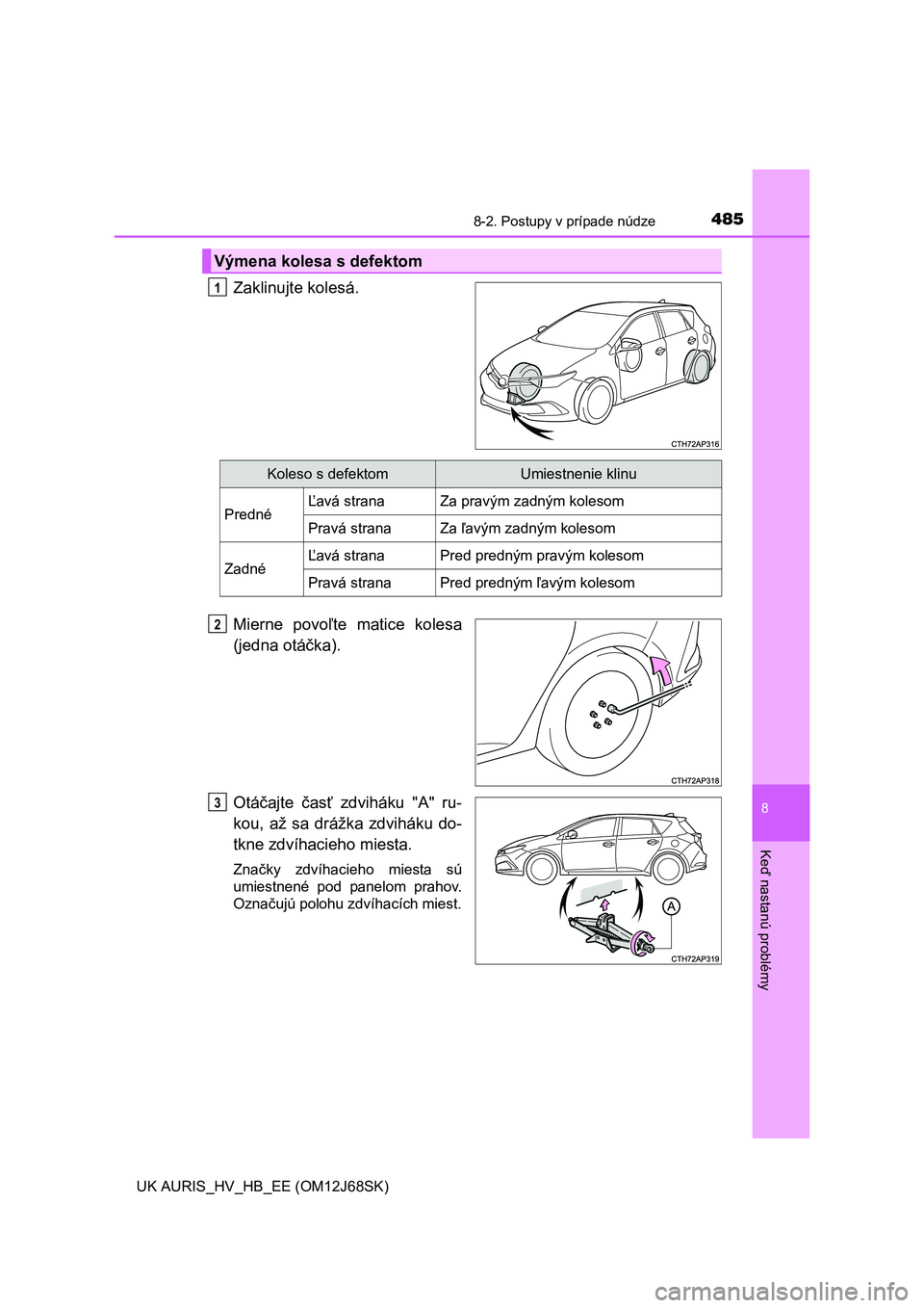 TOYOTA AURIS HYBRID 2015  Návod na použitie (in Slovakian) 4858-2. Postupy v prípade núdze
UK AURIS_HV_HB_EE (OM12J68SK)
8
Keď nastanú problémy
Zaklinujte kolesá.
Mierne povoľte matice kolesa
(jedna otáčka).
Otáčajte časť zdviháku "A" ru-
kou, a