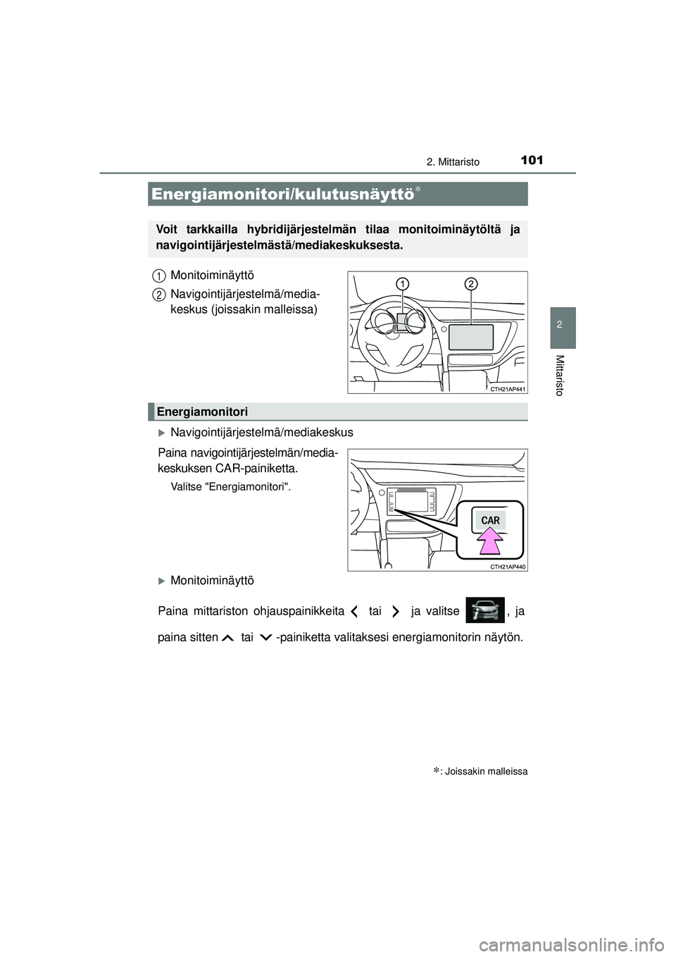 TOYOTA AURIS HYBRID 2015  Omistajan Käsikirja (in Finnish) 1012. Mittaristo
OM12J68FI
2
Mittaristo
Monitoiminäyttö
Navigointijärjestelmä/media-
keskus (joissakin malleissa)
�XNavigointijärjestelmä/mediakeskus
Paina navigointijärjestelmän/media-
keskuk