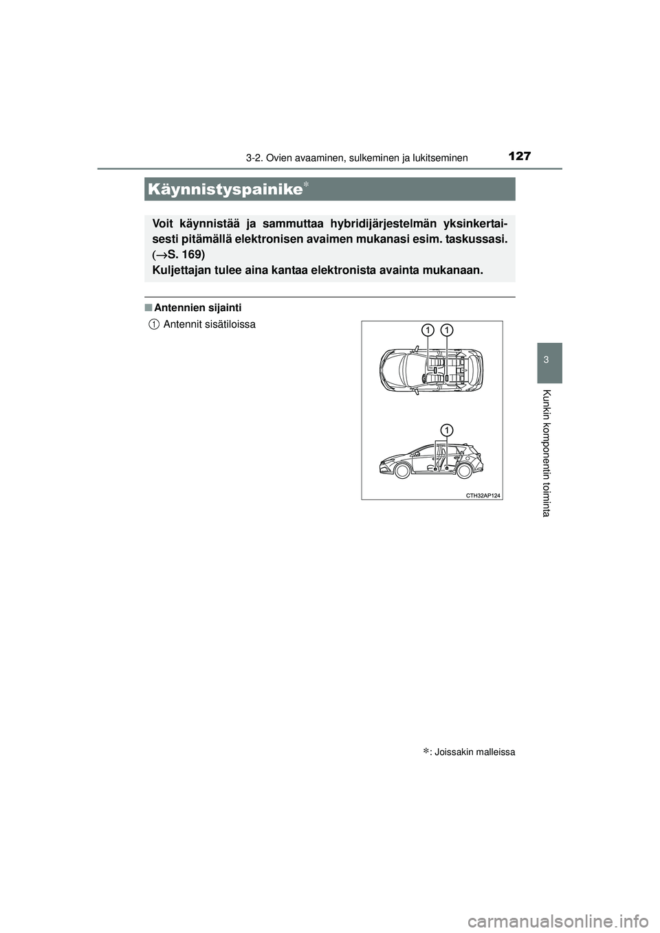 TOYOTA AURIS HYBRID 2015 Omistajan Käsikirja (in Finnish) 1273-2. Ovien avaaminen, sulkeminen ja lukitseminen
OM12J68FI
3
Kunkin komponentin toiminta
■Antennien sijainti
Käynnistyspainike∗
∗: Joissakin malleissa
Voit käynnistää ja sammuttaa hybridi TOYOTA AURIS HYBRID 2015 Omistajan Käsikirja (in Finnish) 1273-2. Ovien avaaminen, sulkeminen ja lukitseminen
OM12J68FI
3
Kunkin komponentin toiminta
■Antennien sijainti
Käynnistyspainike∗
∗: Joissakin malleissa
Voit käynnistää ja sammuttaa hybridi