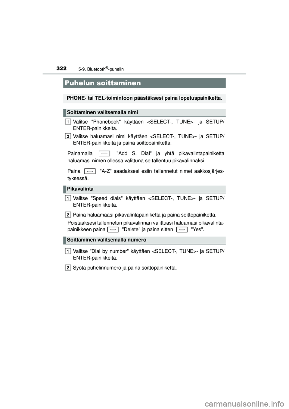 TOYOTA AURIS HYBRID 2015 Omistajan Käsikirja (in Finnish) 322
OM12J68FI
5-9. Bluetooth®-puhelin
Valitse "Phonebook" käyttäen <SELECT-, TUNE>- ja SETUP/
ENTER-painikkeita.
Valitse haluamasi nimi käyttäen <SELECT-, TUNE>- ja SETUP/
ENTER-painikkeita ja pa TOYOTA AURIS HYBRID 2015 Omistajan Käsikirja (in Finnish) 322
OM12J68FI
5-9. Bluetooth®-puhelin
Valitse "Phonebook" käyttäen <SELECT-, TUNE>- ja SETUP/
ENTER-painikkeita.
Valitse haluamasi nimi käyttäen <SELECT-, TUNE>- ja SETUP/
ENTER-painikkeita ja pa