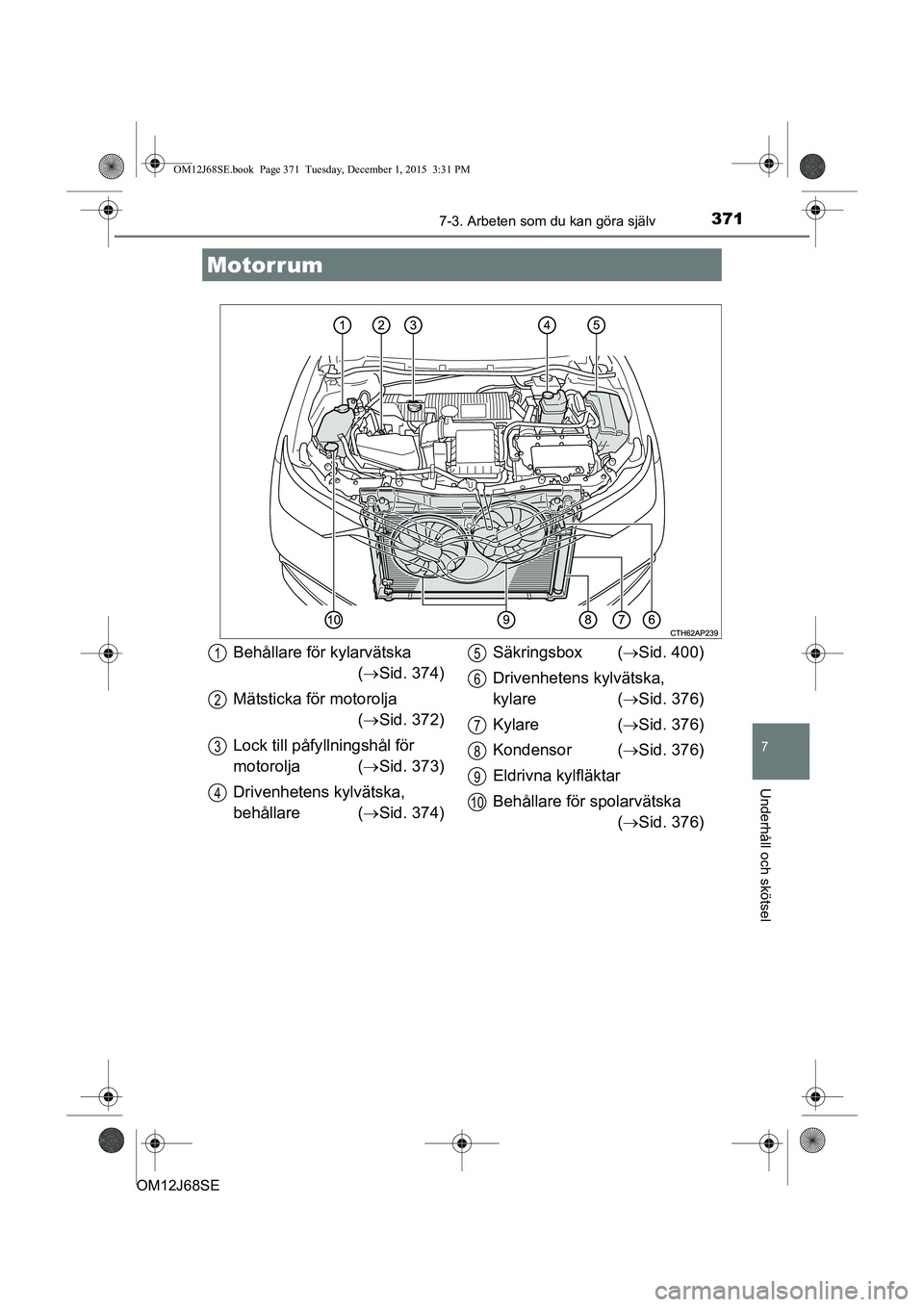 TOYOTA AURIS HYBRID 2015 Bruksanvisningar (in Swedish) 3717-3. Arbeten som du kan göra själv
OM12J68SE
7
Underhåll och skötsel
Motorrum
Behållare för kylarvätska ( Sid. 374)
Mätsticka för motorolja ( Sid. 372)
Lock till påfy llningshål f TOYOTA AURIS HYBRID 2015 Bruksanvisningar (in Swedish) 3717-3. Arbeten som du kan göra själv
OM12J68SE
7
Underhåll och skötsel
Motorrum
Behållare för kylarvätska ( Sid. 374)
Mätsticka för motorolja ( Sid. 372)
Lock till påfy llningshål f