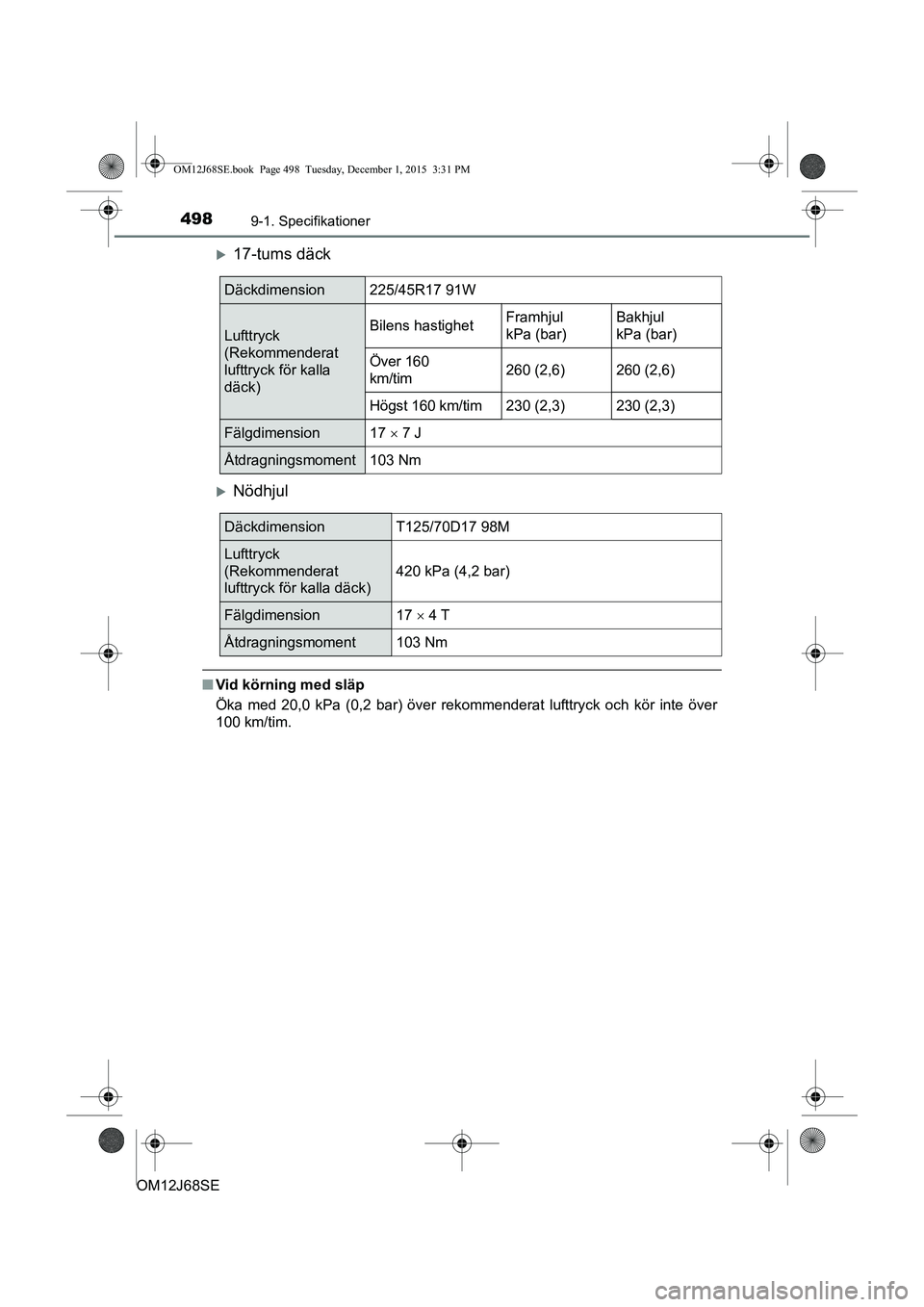 TOYOTA AURIS HYBRID 2015 Bruksanvisningar (in Swedish) 4989-1. Specifikationer
OM12J68SE
17-tums däck
Nödhjul
nVid körning med släp
Öka med 20,0 kPa (0,2 bar) över rekommenderat lufttryck och kör inte över
100 km/tim.
Däckdimension225/45R17 TOYOTA AURIS HYBRID 2015 Bruksanvisningar (in Swedish) 4989-1. Specifikationer
OM12J68SE
17-tums däck
Nödhjul
nVid körning med släp
Öka med 20,0 kPa (0,2 bar) över rekommenderat lufttryck och kör inte över
100 km/tim.
Däckdimension225/45R17