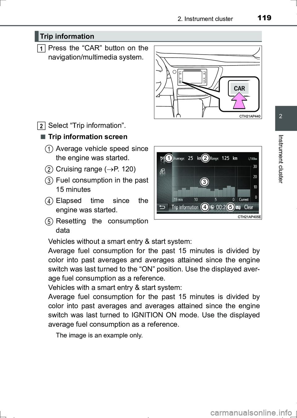 TOYOTA AURIS HYBRID 2017 Owners Manual 1192. Instrument cluster
AURIS Touring Sports_EE (12L13E)
2
Instrument cluster
Press the “CAR” button on the
navigation/multimedia system.
Select “Trip information”.
■Trip information screen TOYOTA AURIS HYBRID 2017 Owners Manual 1192. Instrument cluster
AURIS Touring Sports_EE (12L13E)
2
Instrument cluster
Press the “CAR” button on the
navigation/multimedia system.
Select “Trip information”.
■Trip information screen