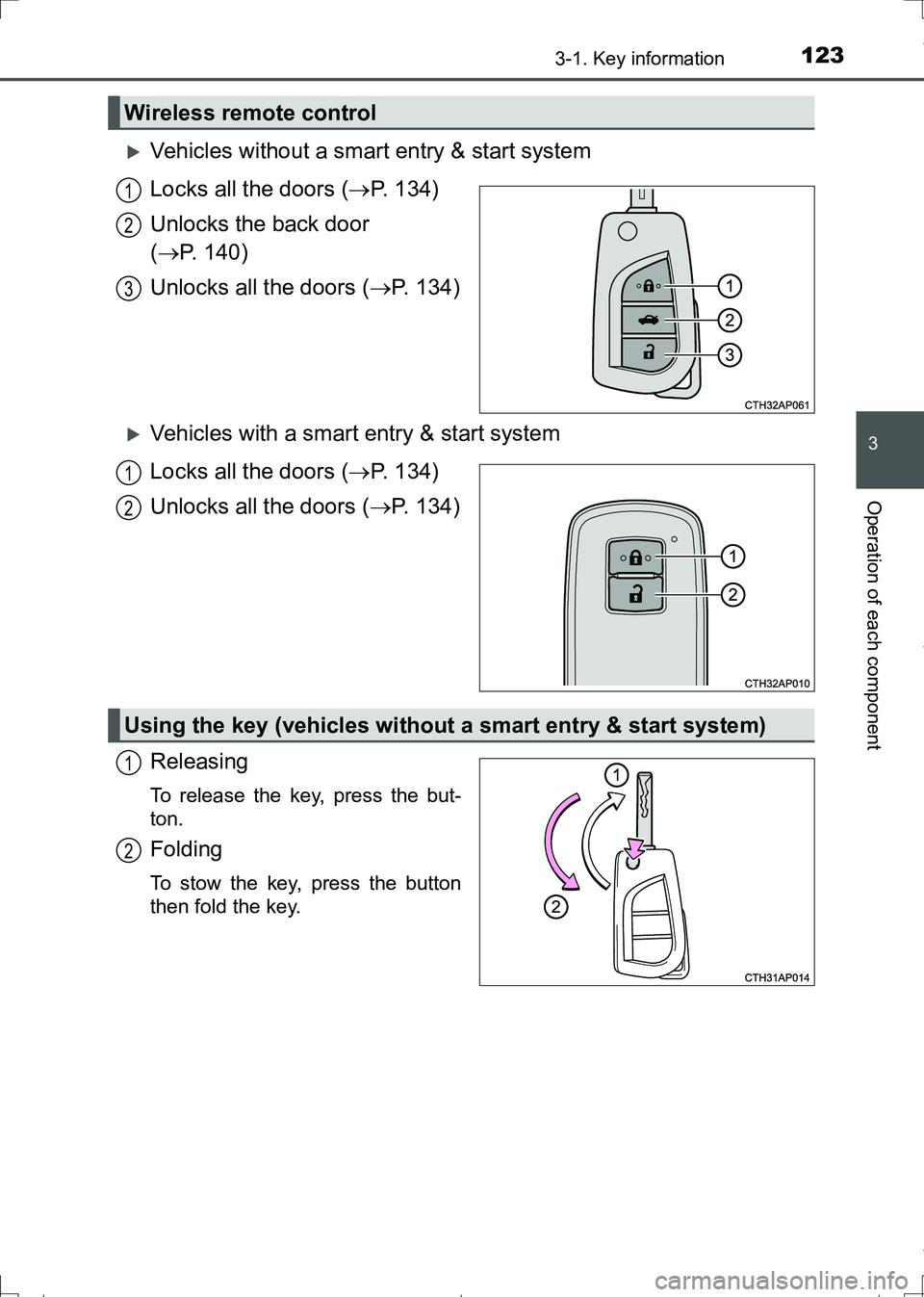 TOYOTA AURIS HYBRID 2017  Owners Manual 1233-1. Key information
AURIS Touring Sports_EE (12L13E)
3
Operation of each component
Vehicles without a smart entry & start system
Locks all the doors (P. 134)
Unlocks the back door 
(P. 14