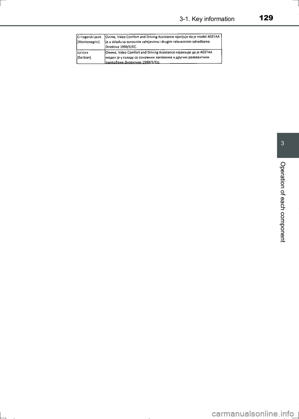 TOYOTA AURIS HYBRID 2017  Owners Manual 1293-1. Key information
AURIS Touring Sports_EE (12L13E)
3
Operation of each component
AURIS Touring Sports_OM_Europe_OM12L13E.book  129 ページ  ２０１６年６月２７日　月曜日　午後