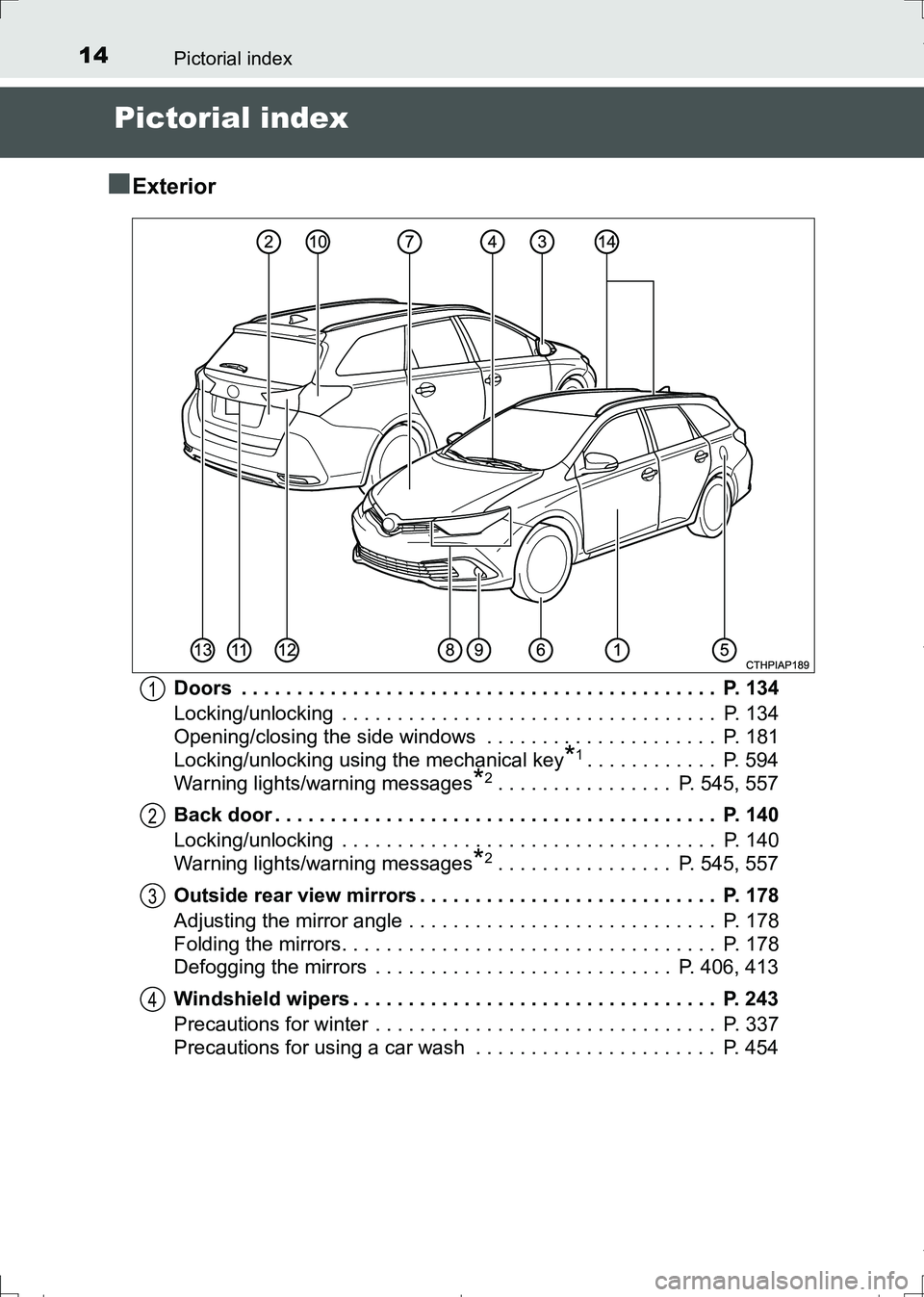 TOYOTA AURIS HYBRID 2017 User Guide 14
AURIS Touring Sports_EE (12L13E)
Pictorial index
Pictorial index
■
Exterior
Doors . . . . . . . . . . . . . . . . . . . . . . . . . . . . . . . . . . . . . . . . . . . P. 134
Locking/unlocking TOYOTA AURIS HYBRID 2017 User Guide 14
AURIS Touring Sports_EE (12L13E)
Pictorial index
Pictorial index
■
Exterior
Doors . . . . . . . . . . . . . . . . . . . . . . . . . . . . . . . . . . . . . . . . . . . P. 134
Locking/unlocking