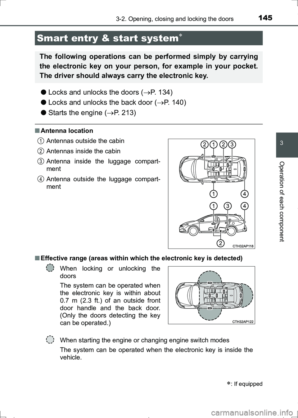 TOYOTA AURIS HYBRID 2017 Owners Manual 1453-2. Opening, closing and locking the doors
AURIS Touring Sports_EE (12L13E)
3
Operation of each component
●Locks and unlocks the doors (P. 134)
●Locks and unlocks the back door (P. 140)
TOYOTA AURIS HYBRID 2017 Owners Manual 1453-2. Opening, closing and locking the doors
AURIS Touring Sports_EE (12L13E)
3
Operation of each component
●Locks and unlocks the doors (P. 134)
●Locks and unlocks the back door (P. 140)