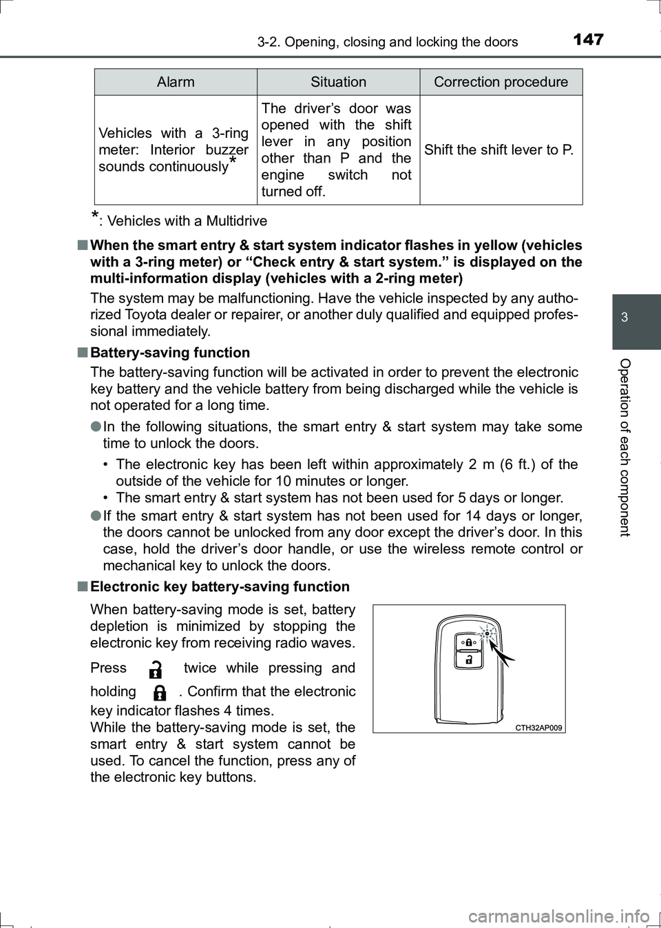 TOYOTA AURIS HYBRID 2017 Owners Manual 1473-2. Opening, closing and locking the doors
AURIS Touring Sports_EE (12L13E)
3
Operation of each component
*: Vehicles with a Multidrive
■When the smart entry & start system indicator flashes in TOYOTA AURIS HYBRID 2017 Owners Manual 1473-2. Opening, closing and locking the doors
AURIS Touring Sports_EE (12L13E)
3
Operation of each component
*: Vehicles with a Multidrive
■When the smart entry & start system indicator flashes in