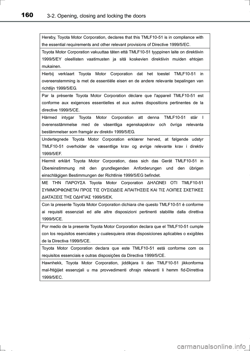 TOYOTA AURIS HYBRID 2017 Owners Manual 1603-2. Opening, closing and locking the doors
AURIS Touring Sports_EE (12L13E)
Hereby, Toyota Motor Corporation, declares that this TMLF10-51 is in compliance with
the essential requirements and oth TOYOTA AURIS HYBRID 2017 Owners Manual 1603-2. Opening, closing and locking the doors
AURIS Touring Sports_EE (12L13E)
Hereby, Toyota Motor Corporation, declares that this TMLF10-51 is in compliance with
the essential requirements and oth