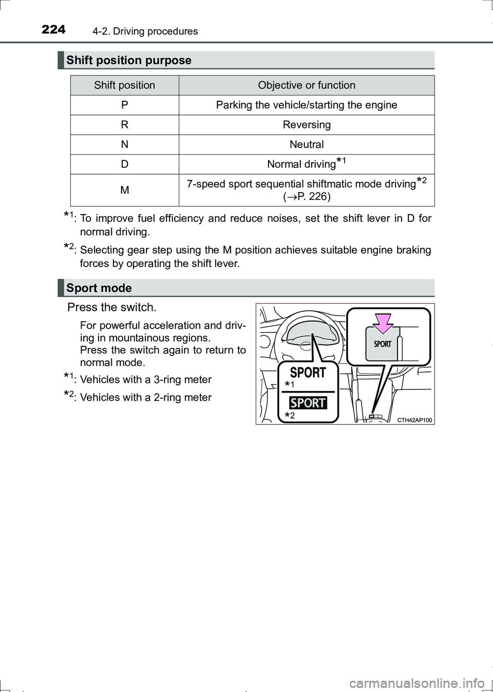 TOYOTA AURIS HYBRID 2017 Owners Manual 2244-2. Driving procedures
AURIS Touring Sports_EE (12L13E)
*1: To improve fuel efficiency and reduce noises, set the shift lever in D for
normal driving.
*2: Selecting gear step using the M position TOYOTA AURIS HYBRID 2017 Owners Manual 2244-2. Driving procedures
AURIS Touring Sports_EE (12L13E)
*1: To improve fuel efficiency and reduce noises, set the shift lever in D for
normal driving.
*2: Selecting gear step using the M position