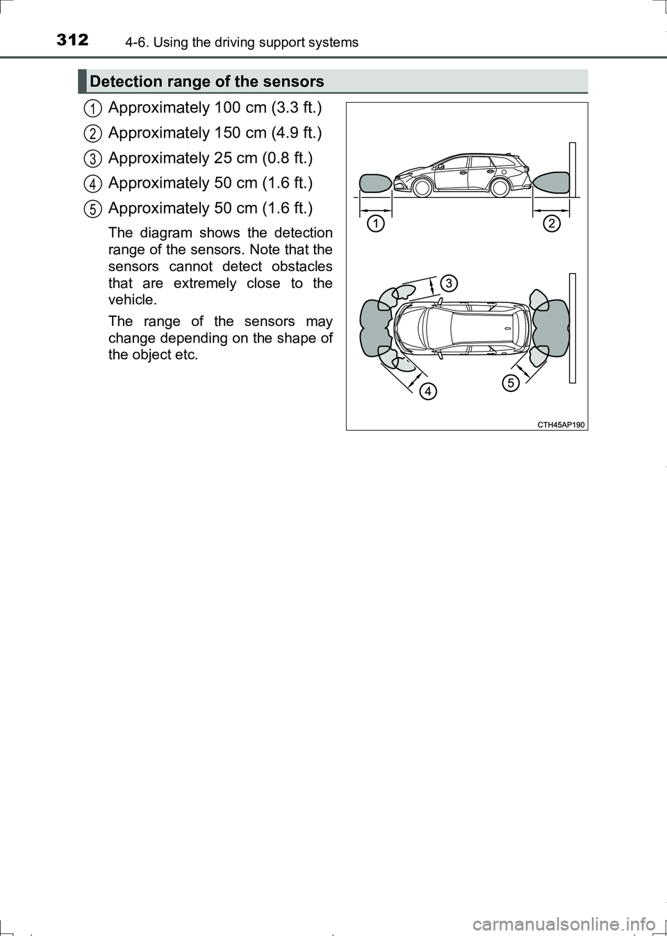 TOYOTA AURIS HYBRID 2017 Owners Guide 3124-6. Using the driving support systems
AURIS Touring Sports_EE (12L13E)
Approximately 100 cm (3.3 ft.)
Approximately 150 cm (4.9 ft.)
Approximately 25 cm (0.8 ft.)
Approximately 50 cm (1.6 ft.)
App TOYOTA AURIS HYBRID 2017 Owners Guide 3124-6. Using the driving support systems
AURIS Touring Sports_EE (12L13E)
Approximately 100 cm (3.3 ft.)
Approximately 150 cm (4.9 ft.)
Approximately 25 cm (0.8 ft.)
Approximately 50 cm (1.6 ft.)
App