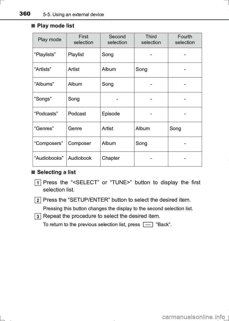 TOYOTA AURIS HYBRID 2017 Owners Manual 3605-5. Using an external device
AURIS Touring Sports_EE (12L13E)■
Play mode list
■Selecting a list
Press the “<SELECT” or “TUNE>” button to display the first
selection list.
Press the “ TOYOTA AURIS HYBRID 2017 Owners Manual 3605-5. Using an external device
AURIS Touring Sports_EE (12L13E)■
Play mode list
■Selecting a list
Press the “<SELECT” or “TUNE>” button to display the first
selection list.
Press the “