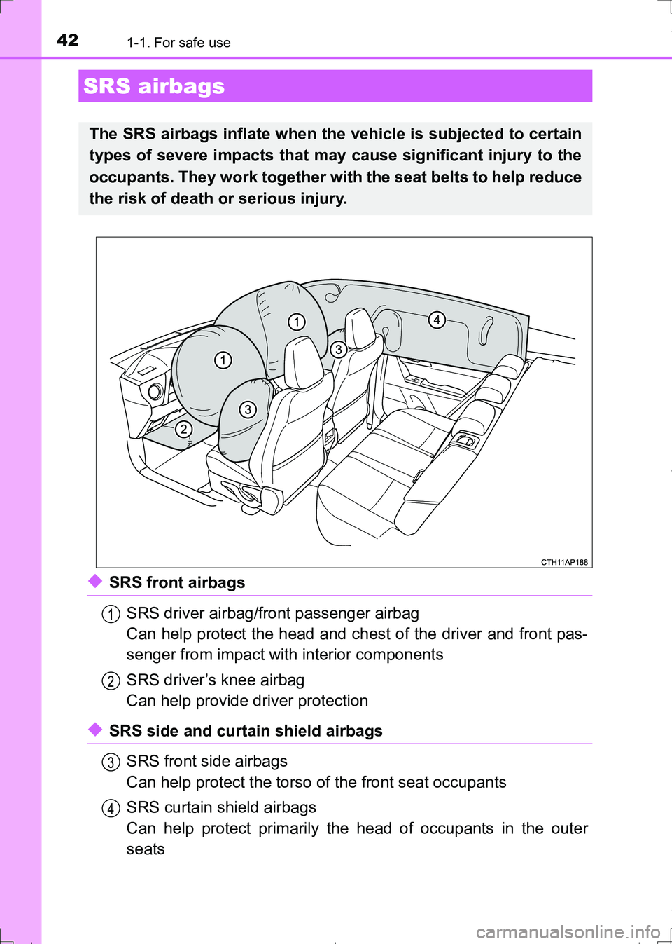 TOYOTA AURIS HYBRID 2017 Service Manual 421-1. For safe use
AURIS Touring Sports_EE (12L13E)
◆SRS front airbags
SRS driver airbag/front passenger airbag
Can help protect the head and chest of the driver and front pas-
senger from impact w TOYOTA AURIS HYBRID 2017 Service Manual 421-1. For safe use
AURIS Touring Sports_EE (12L13E)
◆SRS front airbags
SRS driver airbag/front passenger airbag
Can help protect the head and chest of the driver and front pas-
senger from impact w
