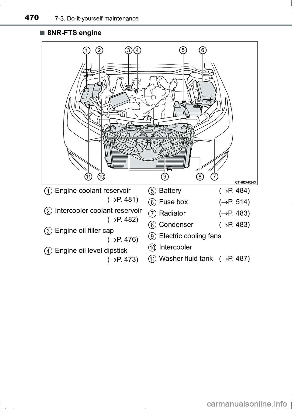 TOYOTA AURIS HYBRID 2017  Owners Manual 4707-3. Do-it-yourself maintenance
AURIS Touring Sports_EE (12L13E)■
8NR-FTS engine
Engine coolant reservoir
(P. 481)
Intercooler coolant reservoir
(P. 482)
Engine oil filler cap
(P. 476)
E