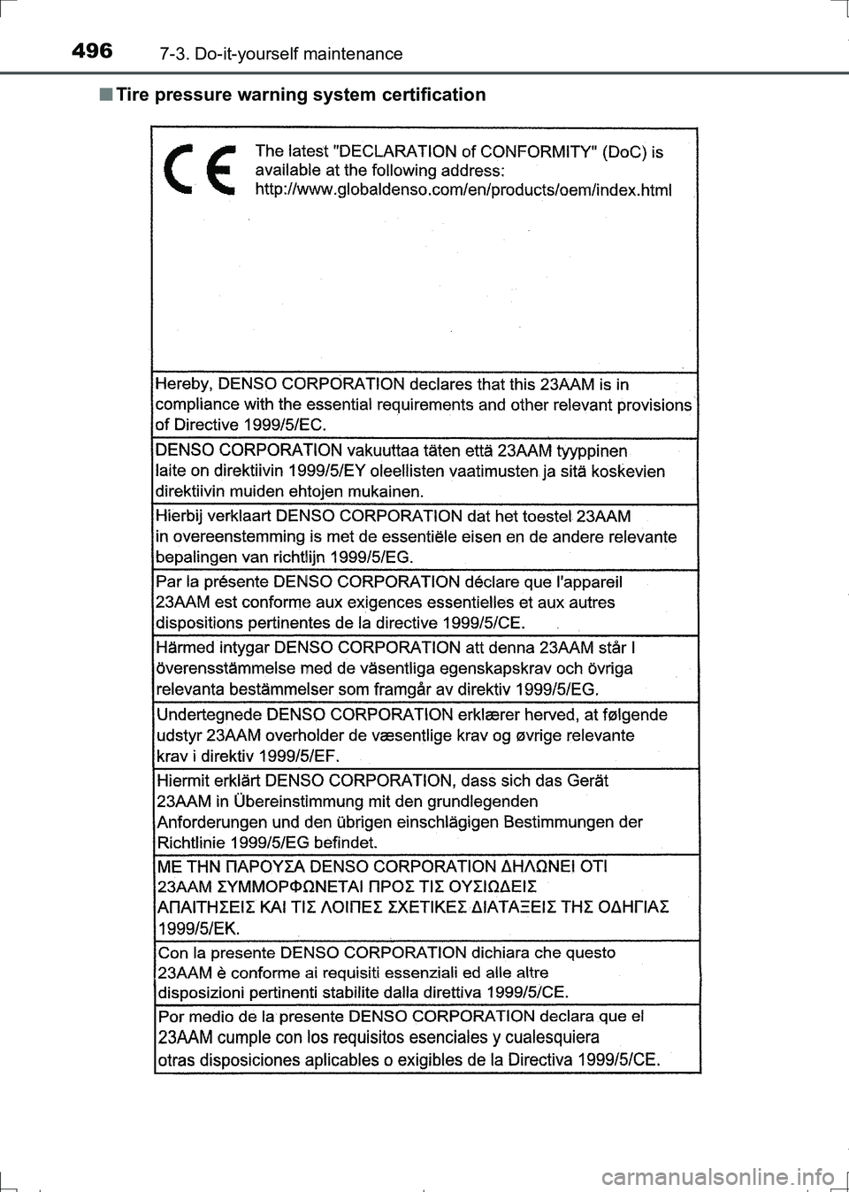 TOYOTA AURIS HYBRID 2017 Owners Manual 4967-3. Do-it-yourself maintenance
AURIS Touring Sports_EE (12L13E)■Tire pressure warning system certification
AURIS Touring Sports_OM_Europe_OM12L13E.book 496 ページ 2016年6月2 TOYOTA AURIS HYBRID 2017 Owners Manual 4967-3. Do-it-yourself maintenance
AURIS Touring Sports_EE (12L13E)■Tire pressure warning system certification
AURIS Touring Sports_OM_Europe_OM12L13E.book 496 ページ 2016年6月2