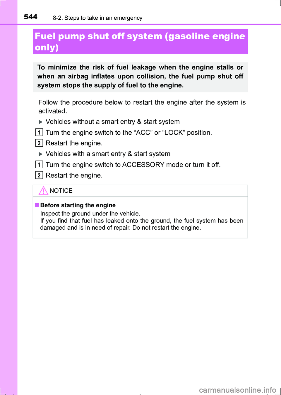 TOYOTA AURIS HYBRID 2017 Owners Manual 5448-2. Steps to take in an emergency
AURIS Touring Sports_EE (12L13E)
Follow the procedure below to restart the engine after the system is
activated.
Vehicles without a smart entry & start system
TOYOTA AURIS HYBRID 2017 Owners Manual 5448-2. Steps to take in an emergency
AURIS Touring Sports_EE (12L13E)
Follow the procedure below to restart the engine after the system is
activated.
Vehicles without a smart entry & start system