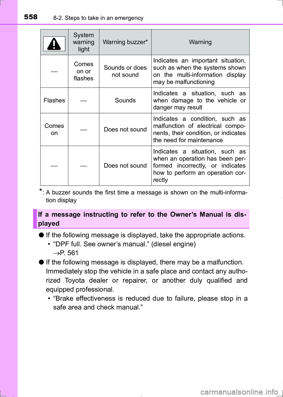 TOYOTA AURIS HYBRID 2017 Owners Manual 5588-2. Steps to take in an emergency
AURIS Touring Sports_EE (12L13E)
*: A buzzer sounds the first time a message is shown on the multi-informa-
tion display
●If the following message is displayed, TOYOTA AURIS HYBRID 2017 Owners Manual 5588-2. Steps to take in an emergency
AURIS Touring Sports_EE (12L13E)
*: A buzzer sounds the first time a message is shown on the multi-informa-
tion display
●If the following message is displayed,