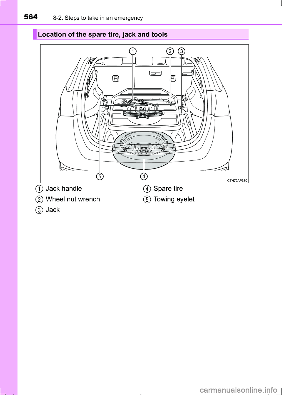 TOYOTA AURIS HYBRID 2017 Owners Manual 5648-2. Steps to take in an emergency
AURIS Touring Sports_EE (12L13E)
Location of the spare tire, jack and tools
Jack handle
Wheel nut wrench
JackSpare tire
Towing eyelet1
2
3
4
5
AURIS Touring Sport TOYOTA AURIS HYBRID 2017 Owners Manual 5648-2. Steps to take in an emergency
AURIS Touring Sports_EE (12L13E)
Location of the spare tire, jack and tools
Jack handle
Wheel nut wrench
JackSpare tire
Towing eyelet1
2
3
4
5
AURIS Touring Sport