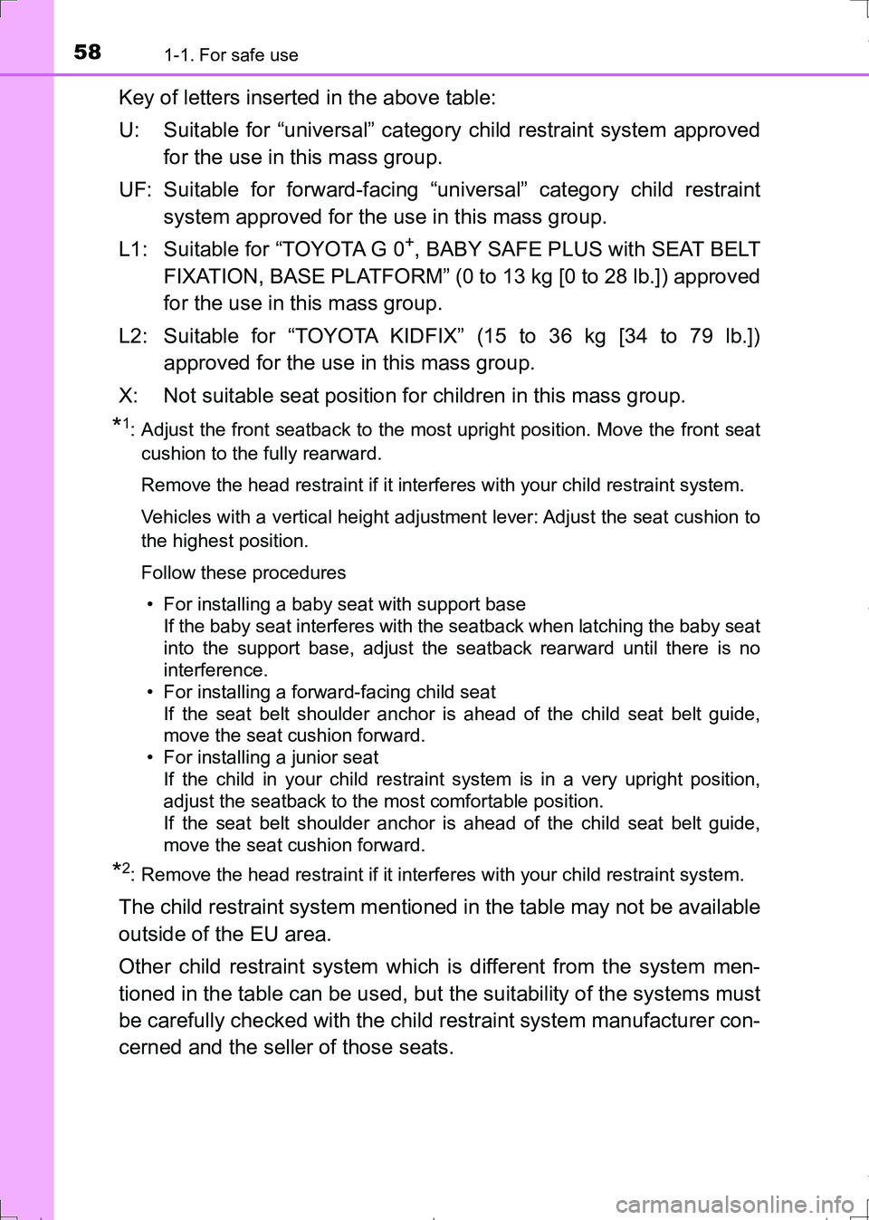TOYOTA AURIS HYBRID 2017 Workshop Manual 581-1. For safe use
AURIS Touring Sports_EE (12L13E)
Key of letters inserted in the above table:
U: Suitable for “universal” category child restraint system approved
for the use in this mass group TOYOTA AURIS HYBRID 2017 Workshop Manual 581-1. For safe use
AURIS Touring Sports_EE (12L13E)
Key of letters inserted in the above table:
U: Suitable for “universal” category child restraint system approved
for the use in this mass group