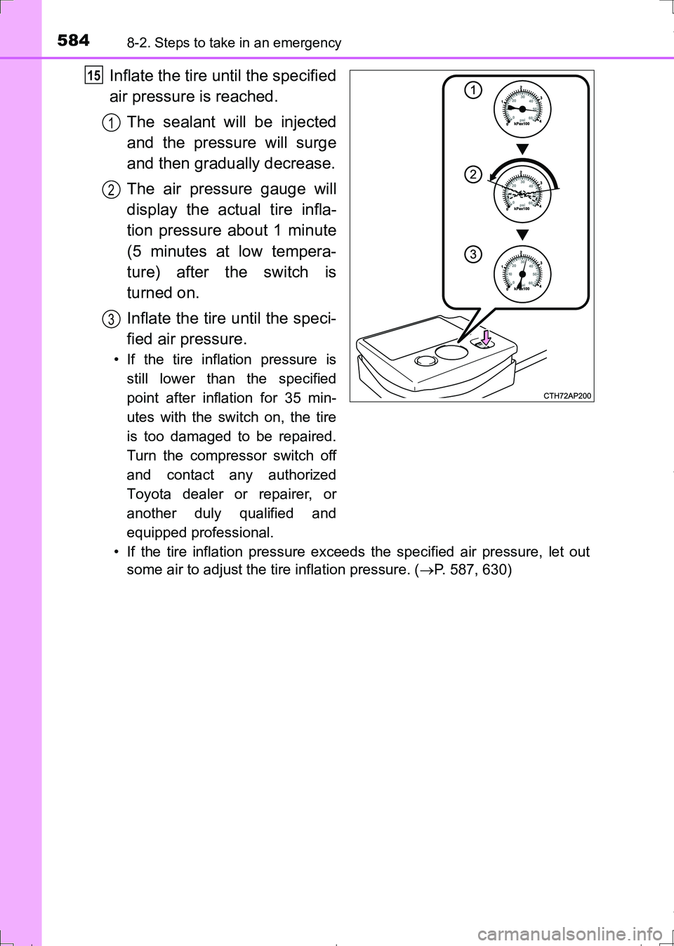 TOYOTA AURIS HYBRID 2017 Owners Manual 5848-2. Steps to take in an emergency
AURIS Touring Sports_EE (12L13E)
Inflate the tire until the specified
air pressure is reached.
The sealant will be injected
and the pressure will surge
and then g TOYOTA AURIS HYBRID 2017 Owners Manual 5848-2. Steps to take in an emergency
AURIS Touring Sports_EE (12L13E)
Inflate the tire until the specified
air pressure is reached.
The sealant will be injected
and the pressure will surge
and then g