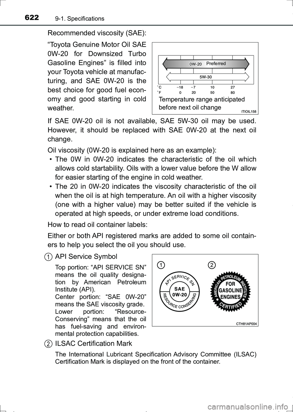TOYOTA AURIS HYBRID 2017 Owners Manual 6229-1. Specifications
AURIS Touring Sports_EE (12L13E)
Recommended viscosity (SAE):
“Toyota Genuine Motor Oil SAE
0W-20 for Downsized Turbo
Gasoline Engines” is filled into
your Toyota vehicle at TOYOTA AURIS HYBRID 2017 Owners Manual 6229-1. Specifications
AURIS Touring Sports_EE (12L13E)
Recommended viscosity (SAE):
“Toyota Genuine Motor Oil SAE
0W-20 for Downsized Turbo
Gasoline Engines” is filled into
your Toyota vehicle at