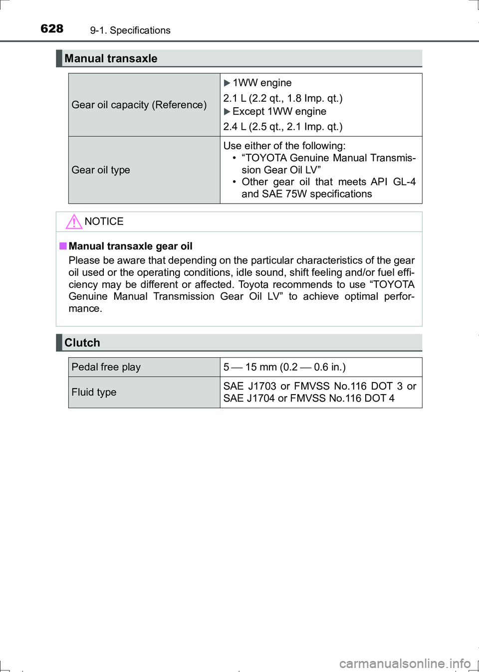 TOYOTA AURIS HYBRID 2017 Owners Manual 6289-1. Specifications
AURIS Touring Sports_EE (12L13E)
Manual transaxle
Gear oil capacity (Reference)
1WW engine
2.1 L (2.2 qt., 1.8 Imp. qt.)
Except 1WW engine
2.4 L (2.5 qt., 2.1 Imp. qt.)
Ge TOYOTA AURIS HYBRID 2017 Owners Manual 6289-1. Specifications
AURIS Touring Sports_EE (12L13E)
Manual transaxle
Gear oil capacity (Reference)
1WW engine
2.1 L (2.2 qt., 1.8 Imp. qt.)
Except 1WW engine
2.4 L (2.5 qt., 2.1 Imp. qt.)
Ge
