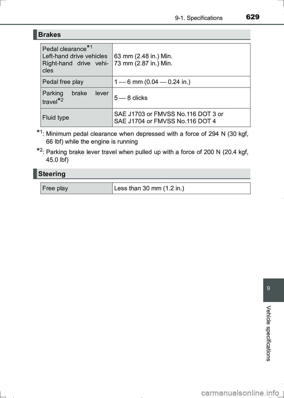 TOYOTA AURIS HYBRID 2017 Owners Manual 6299-1. Specifications
AURIS Touring Sports_EE (12L13E)
9
Vehicle specifications
*1: Minimum pedal clearance when depressed with a force of 294 N (30 kgf,
66 lbf) while the engine is running
*2: Parki TOYOTA AURIS HYBRID 2017 Owners Manual 6299-1. Specifications
AURIS Touring Sports_EE (12L13E)
9
Vehicle specifications
*1: Minimum pedal clearance when depressed with a force of 294 N (30 kgf,
66 lbf) while the engine is running
*2: Parki