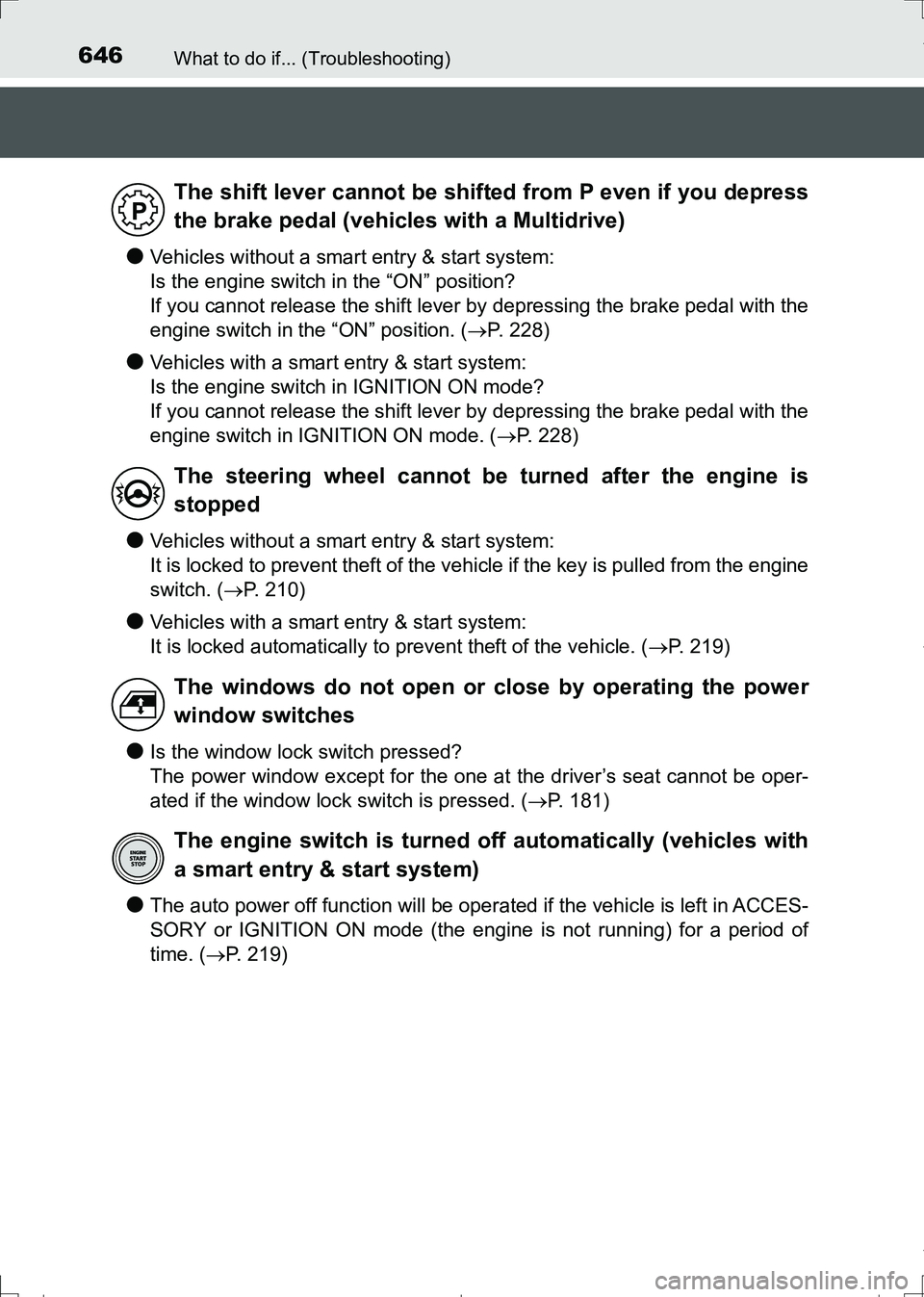 TOYOTA AURIS HYBRID 2017 Owners Manual 646What to do if... (Troubleshooting)
AURIS Touring Sports_EE (12L13E)
●Vehicles without a smart entry & start system:
Is the engine switch in the “ON” position?
If you cannot release the shift TOYOTA AURIS HYBRID 2017 Owners Manual 646What to do if... (Troubleshooting)
AURIS Touring Sports_EE (12L13E)
●Vehicles without a smart entry & start system:
Is the engine switch in the “ON” position?
If you cannot release the shift