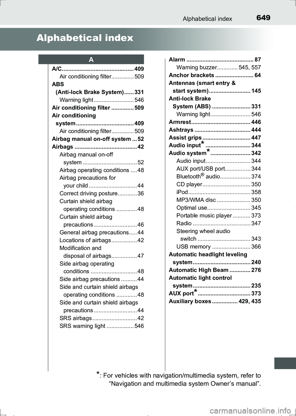 TOYOTA AURIS HYBRID 2017 Owners Manual 649
AURIS Touring Sports_EE (12L13E)
Alphabetical index
Alphabetical index
A/C............................................. 409
Air conditioning filter.............. 509
ABS
(Anti-lock Brake System) TOYOTA AURIS HYBRID 2017 Owners Manual 649
AURIS Touring Sports_EE (12L13E)
Alphabetical index
Alphabetical index
A/C............................................. 409
Air conditioning filter.............. 509
ABS
(Anti-lock Brake System)