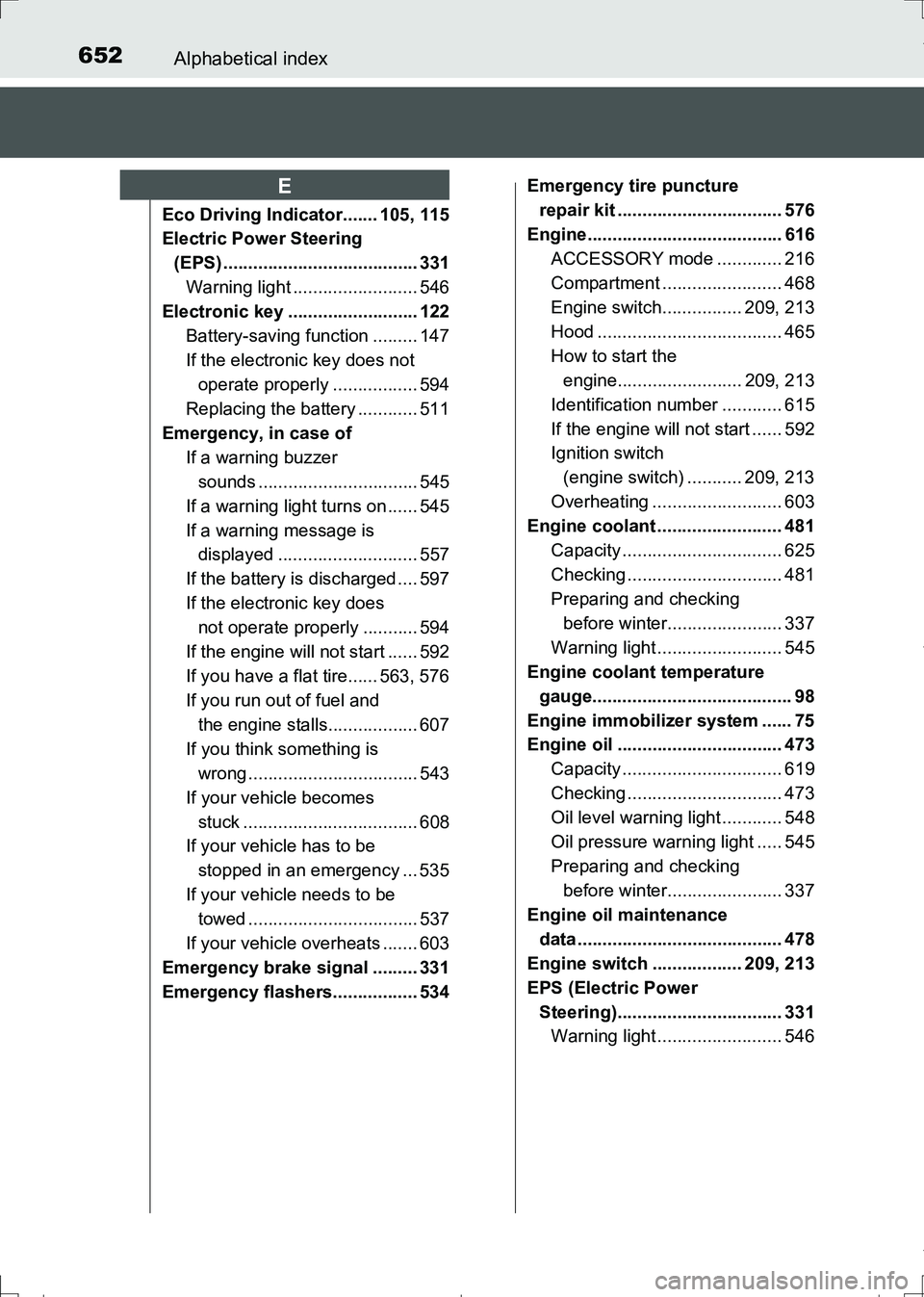 TOYOTA AURIS HYBRID 2017 Owners Manual 652Alphabetical index
AURIS Touring Sports_EE (12L13E)
Eco Driving Indicator....... 105, 115
Electric Power Steering
(EPS) ....................................... 331
Warning light .................. TOYOTA AURIS HYBRID 2017 Owners Manual 652Alphabetical index
AURIS Touring Sports_EE (12L13E)
Eco Driving Indicator....... 105, 115
Electric Power Steering
(EPS) ....................................... 331
Warning light ..................