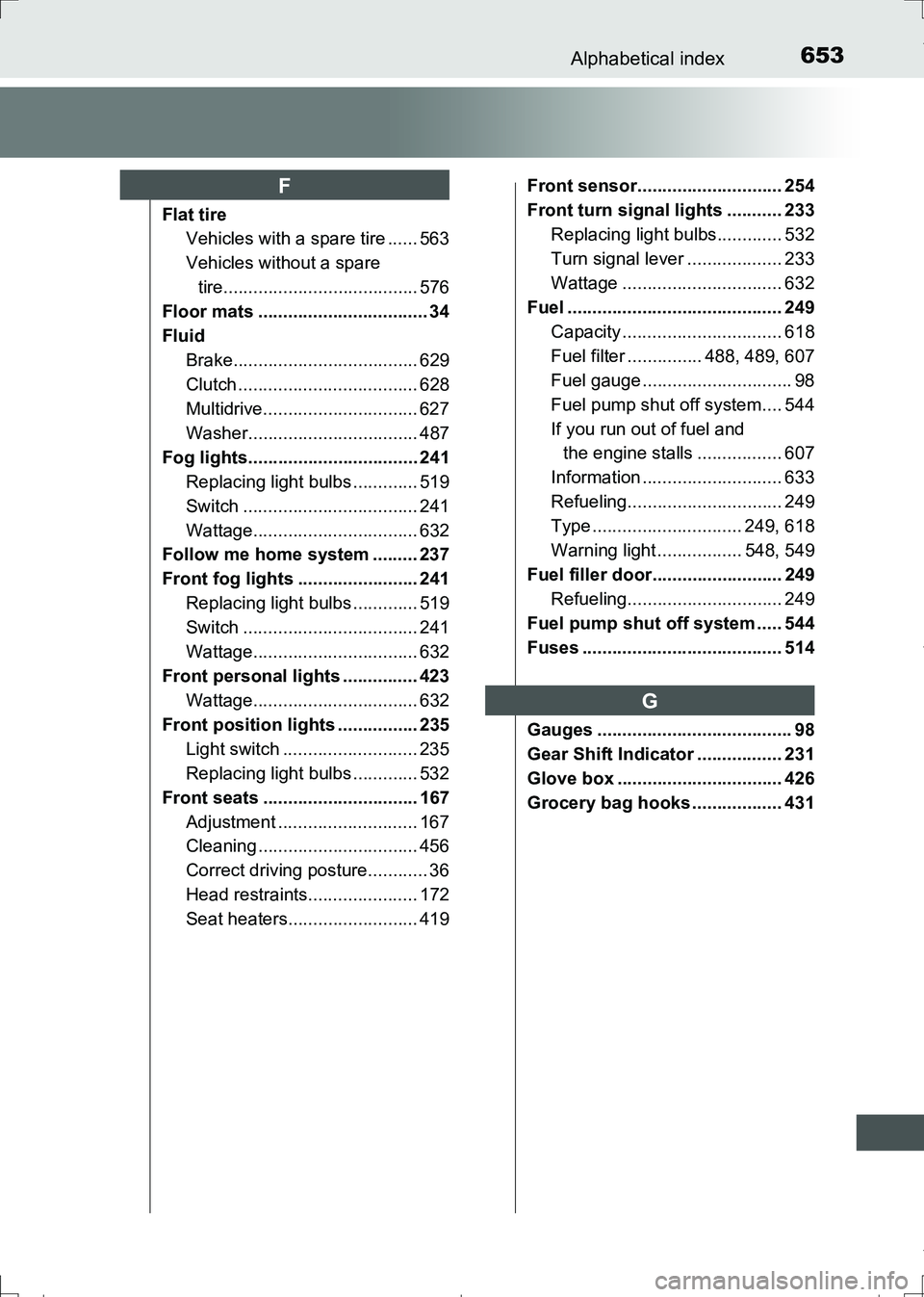 TOYOTA AURIS HYBRID 2017 Workshop Manual 653Alphabetical index
AURIS Touring Sports_EE (12L13E)
Flat tire
Vehicles with a spare tire ...... 563
Vehicles without a spare
tire....................................... 576
Floor mats ............ TOYOTA AURIS HYBRID 2017 Workshop Manual 653Alphabetical index
AURIS Touring Sports_EE (12L13E)
Flat tire
Vehicles with a spare tire ...... 563
Vehicles without a spare
tire....................................... 576
Floor mats ............
