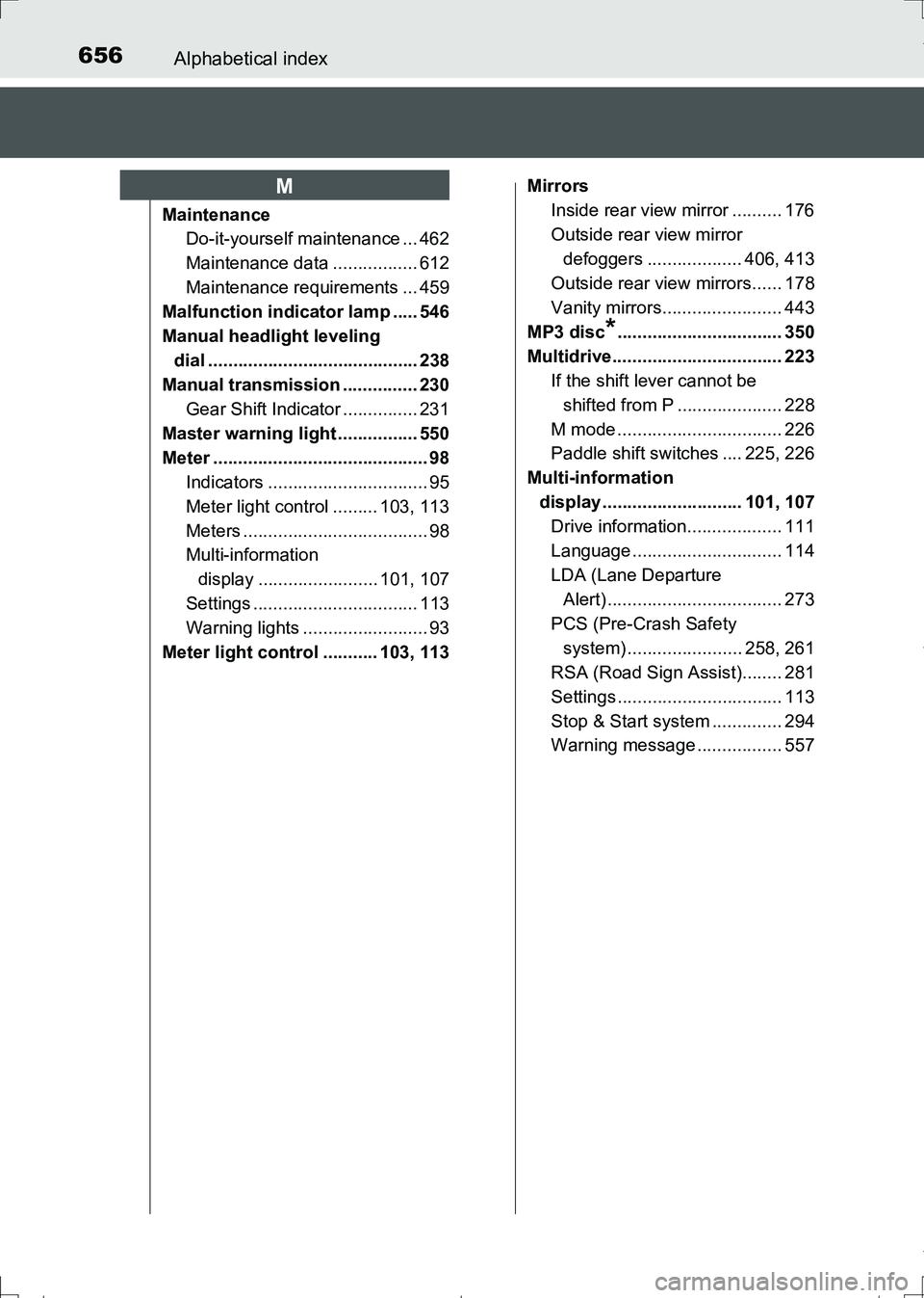 TOYOTA AURIS HYBRID 2017 Owners Manual 656Alphabetical index
AURIS Touring Sports_EE (12L13E)
Maintenance
Do-it-yourself maintenance ... 462
Maintenance data ................. 612
Maintenance requirements ... 459
Malfunction indicator lamp TOYOTA AURIS HYBRID 2017 Owners Manual 656Alphabetical index
AURIS Touring Sports_EE (12L13E)
Maintenance
Do-it-yourself maintenance ... 462
Maintenance data ................. 612
Maintenance requirements ... 459
Malfunction indicator lamp