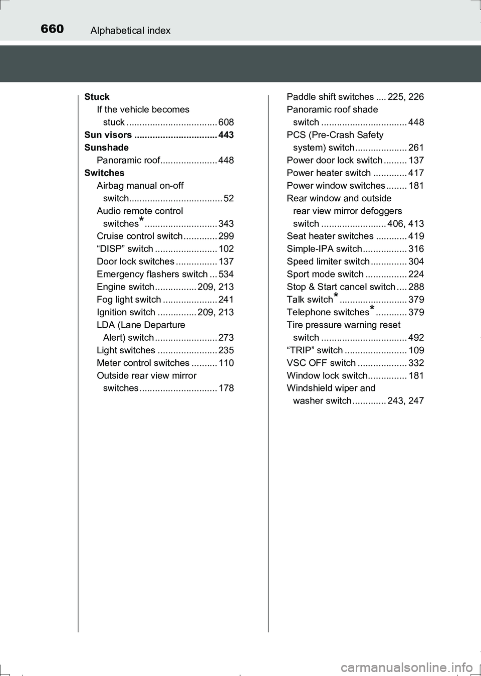 TOYOTA AURIS HYBRID 2017 Owners Manual 660Alphabetical index
AURIS Touring Sports_EE (12L13E)
Stuck
If the vehicle becomes
stuck ................................... 608
Sun visors ................................ 443
Sunshade
Panoramic ro TOYOTA AURIS HYBRID 2017 Owners Manual 660Alphabetical index
AURIS Touring Sports_EE (12L13E)
Stuck
If the vehicle becomes
stuck ................................... 608
Sun visors ................................ 443
Sunshade
Panoramic ro