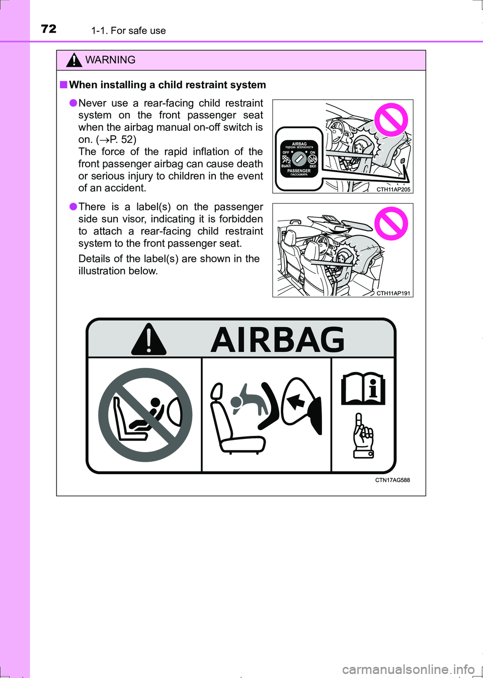 TOYOTA AURIS HYBRID 2017 Manual PDF 721-1. For safe use
AURIS Touring Sports_EE (12L13E)
WARNING
■When installing a child restraint system
●Never use a rear-facing child restraint
system on the front passenger seat
when the airbag m TOYOTA AURIS HYBRID 2017 Manual PDF 721-1. For safe use
AURIS Touring Sports_EE (12L13E)
WARNING
■When installing a child restraint system
●Never use a rear-facing child restraint
system on the front passenger seat
when the airbag m