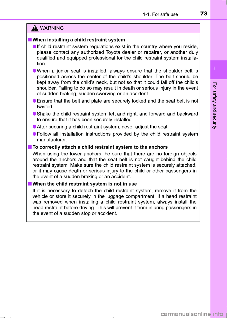 TOYOTA AURIS HYBRID 2017 Manual PDF 731-1. For safe use
1
For safety and security
AURIS Touring Sports_EE (12L13E)
WARNING
■When installing a child restraint system
●If child restraint system regulations exist in the country where y TOYOTA AURIS HYBRID 2017 Manual PDF 731-1. For safe use
1
For safety and security
AURIS Touring Sports_EE (12L13E)
WARNING
■When installing a child restraint system
●If child restraint system regulations exist in the country where y