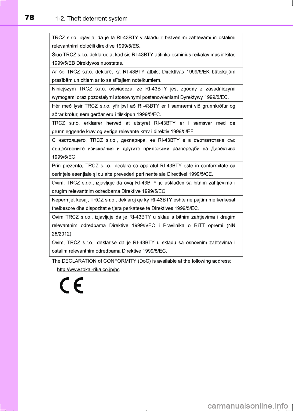 TOYOTA AURIS HYBRID 2017 Manual PDF 781-2. Theft deterrent system
AURIS Touring Sports_EE (12L13E)
AURIS Touring Sports_OM_Europe_OM12L13E.book 78 ページ 2016年6月27日 月曜日 午後5時21分 TOYOTA AURIS HYBRID 2017 Manual PDF 781-2. Theft deterrent system
AURIS Touring Sports_EE (12L13E)
AURIS Touring Sports_OM_Europe_OM12L13E.book 78 ページ 2016年6月27日 月曜日 午後5時21分