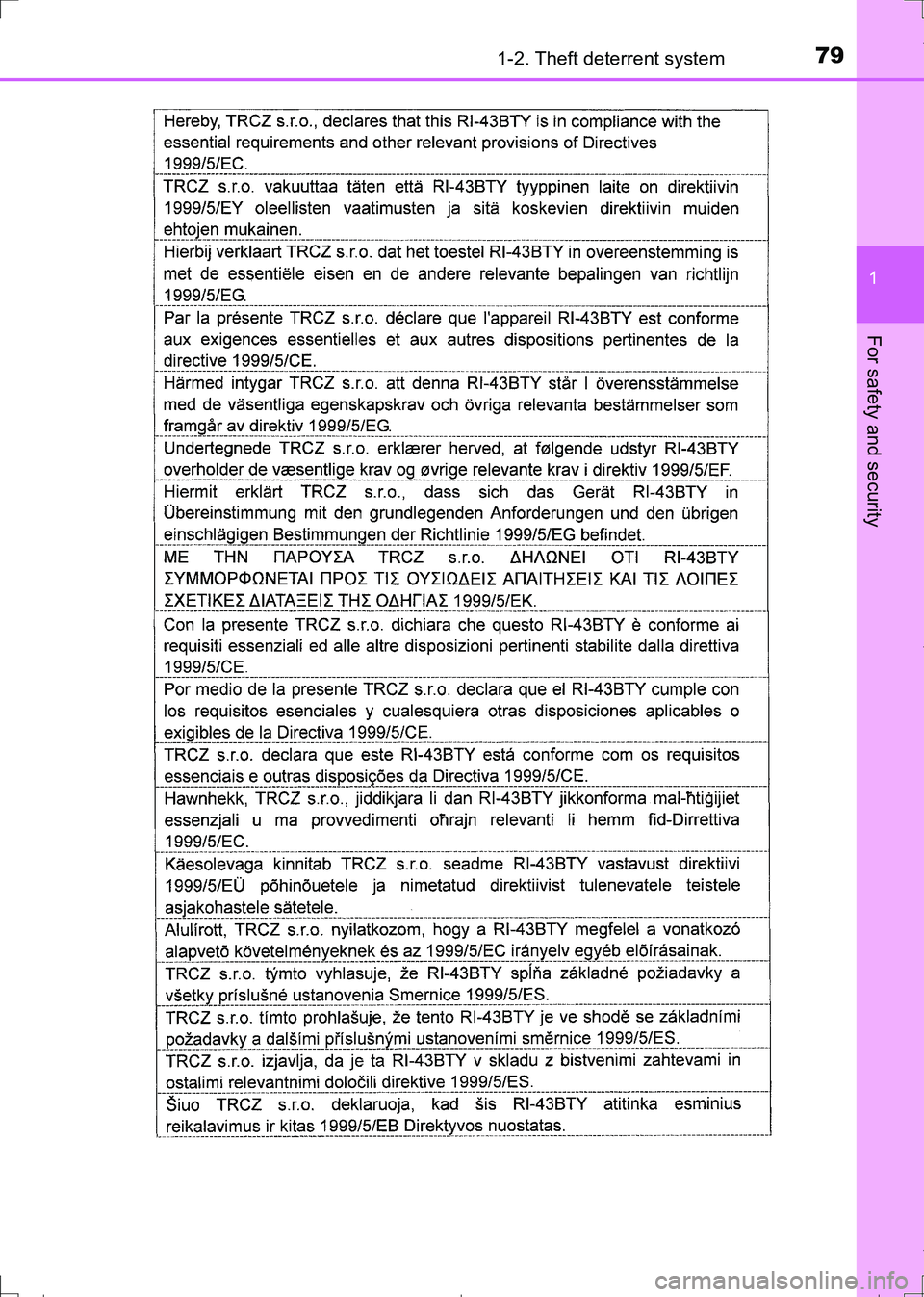 TOYOTA AURIS HYBRID 2017 Manual PDF 791-2. Theft deterrent system
1
For safety and security
AURIS Touring Sports_EE (12L13E)
AURIS Touring Sports_OM_Europe_OM12L13E.book 79 ページ 2016年6月27日 月曜日 午後 TOYOTA AURIS HYBRID 2017 Manual PDF 791-2. Theft deterrent system
1
For safety and security
AURIS Touring Sports_EE (12L13E)
AURIS Touring Sports_OM_Europe_OM12L13E.book 79 ページ 2016年6月27日 月曜日 午後