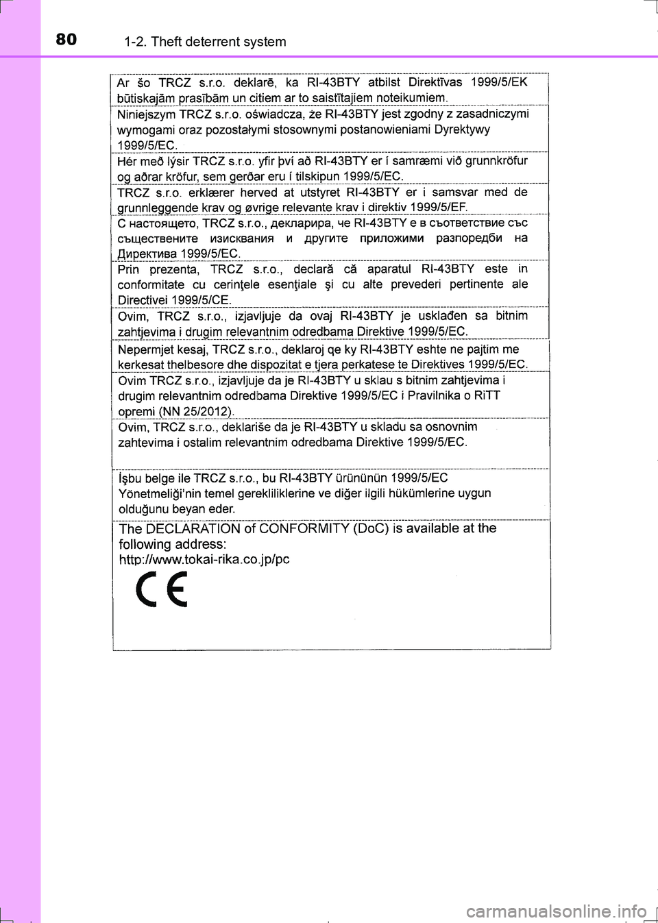 TOYOTA AURIS HYBRID 2017 Manual PDF 801-2. Theft deterrent system
AURIS Touring Sports_EE (12L13E)
AURIS Touring Sports_OM_Europe_OM12L13E.book 80 ページ 2016年6月27日 月曜日 午後5時21分 TOYOTA AURIS HYBRID 2017 Manual PDF 801-2. Theft deterrent system
AURIS Touring Sports_EE (12L13E)
AURIS Touring Sports_OM_Europe_OM12L13E.book 80 ページ 2016年6月27日 月曜日 午後5時21分