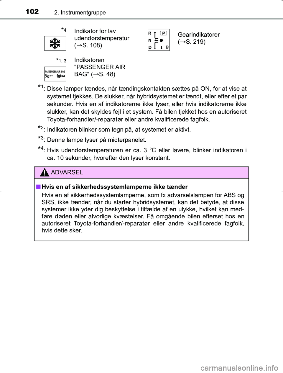 TOYOTA AURIS HYBRID 2016 Brugsanvisning (in Danish) 1022. Instrumentgruppe
AURIS_HV_OM12L07DK
*1: Disse lamper tændes, når tændingskontakten sættes på ON, for at vise atsystemet tjekkes. De slukker, når hybridsystemet er tændt, eller efter et pa TOYOTA AURIS HYBRID 2016 Brugsanvisning (in Danish) 1022. Instrumentgruppe
AURIS_HV_OM12L07DK
*1: Disse lamper tændes, når tændingskontakten sættes på ON, for at vise atsystemet tjekkes. De slukker, når hybridsystemet er tændt, eller efter et pa