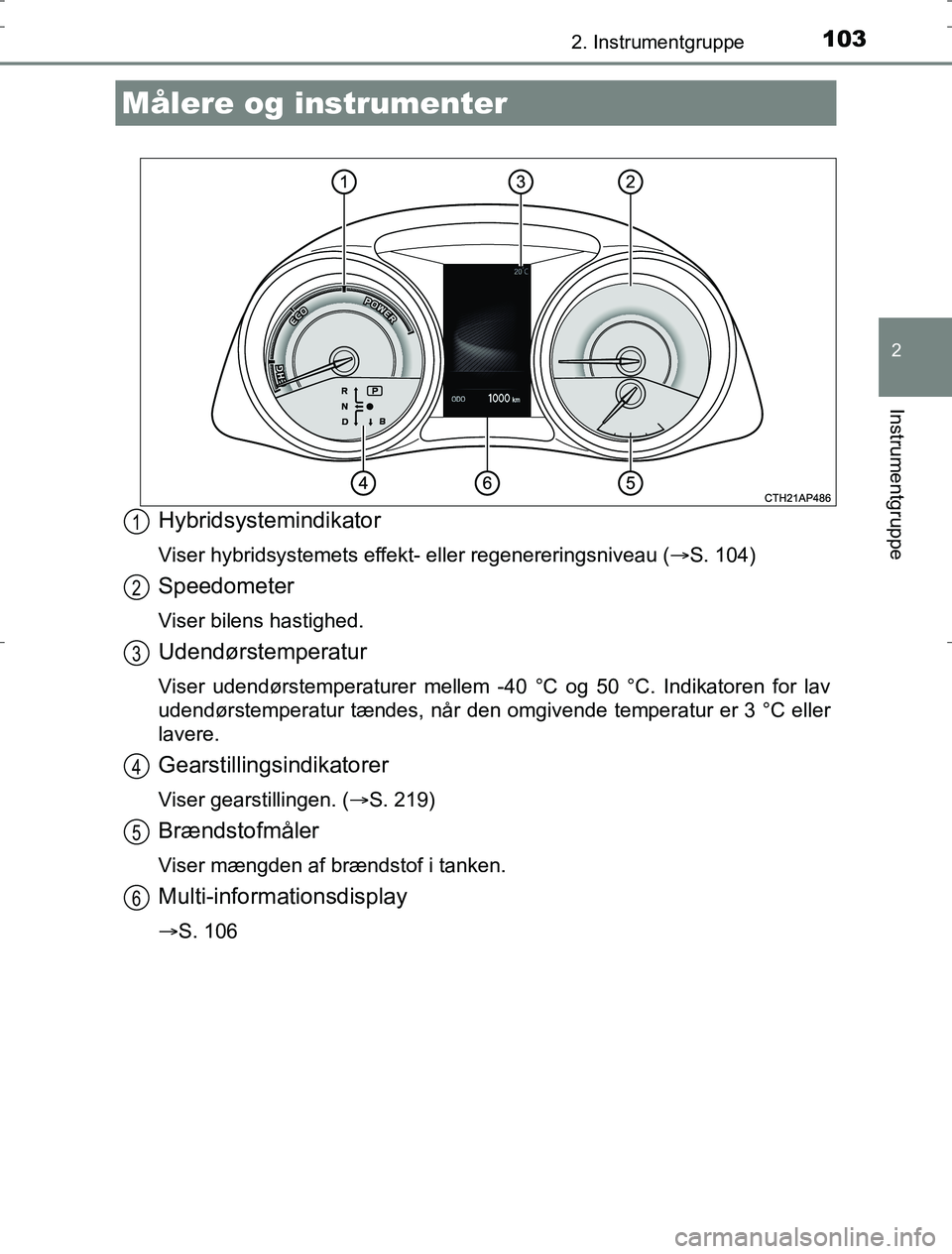 TOYOTA AURIS HYBRID 2017 Brugsanvisning (in Danish) 1032. Instrumentgruppe
AURIS_HV_OM12L07DK
2
Instrumentgruppe
Hybridsystemindikator
Viser hybridsystemets effekt- eller regenereringsniveau (S. 104)
Speedometer
Viser bilens hastighed.
Udendørstemp TOYOTA AURIS HYBRID 2017 Brugsanvisning (in Danish) 1032. Instrumentgruppe
AURIS_HV_OM12L07DK
2
Instrumentgruppe
Hybridsystemindikator
Viser hybridsystemets effekt- eller regenereringsniveau (S. 104)
Speedometer
Viser bilens hastighed.
Udendørstemp