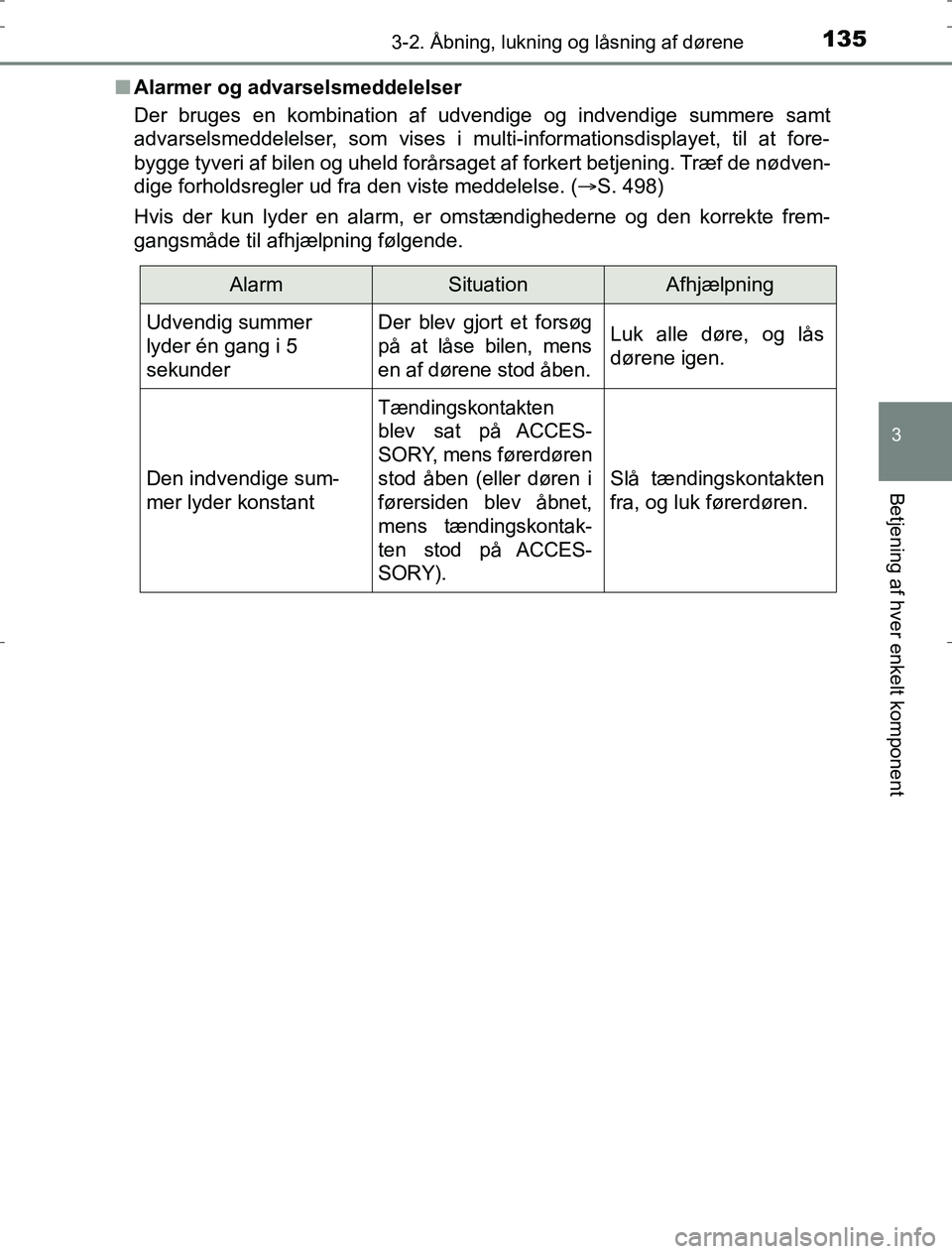 TOYOTA AURIS HYBRID 2016  Brugsanvisning (in Danish) 1353-2. Åbning, lukning og låsning af dørene
AURIS_HV_OM12L07DK
3
Betjening af hver enkelt komponent
nAlarmer og advarselsmeddelelser
Der bruges en kombination af udvendige og indvendige summere sa