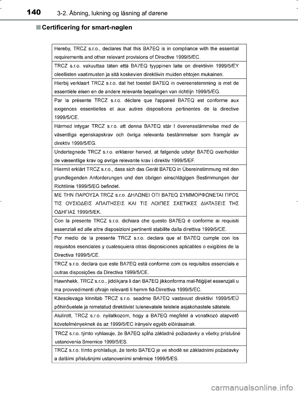 TOYOTA AURIS HYBRID 2016  Brugsanvisning (in Danish) 1403-2. Åbning, lukning og låsning af dørene
AURIS_HV_OM12L07DKn
Certificering for smart-nøglen
OM12L07DK.book  Page 140  Monday, October 31, 2016  1:47 PM 