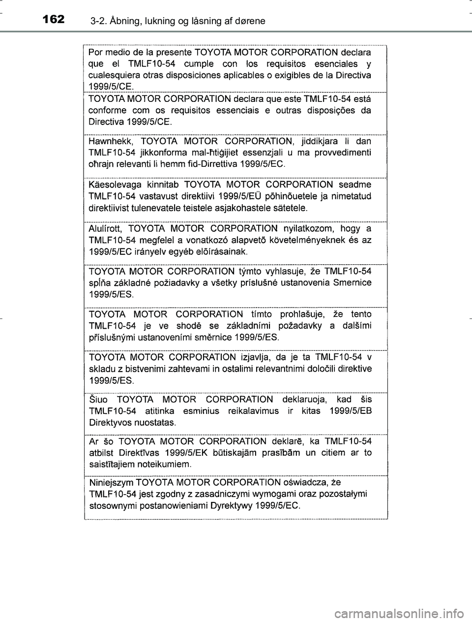 TOYOTA AURIS HYBRID 2016  Brugsanvisning (in Danish) 1623-2. Åbning, lukning og låsning af dørene
AURIS_HV_OM12L07DK
OM12L07DK.book  Page 162  Monday, October 31, 2016  1:47 PM 