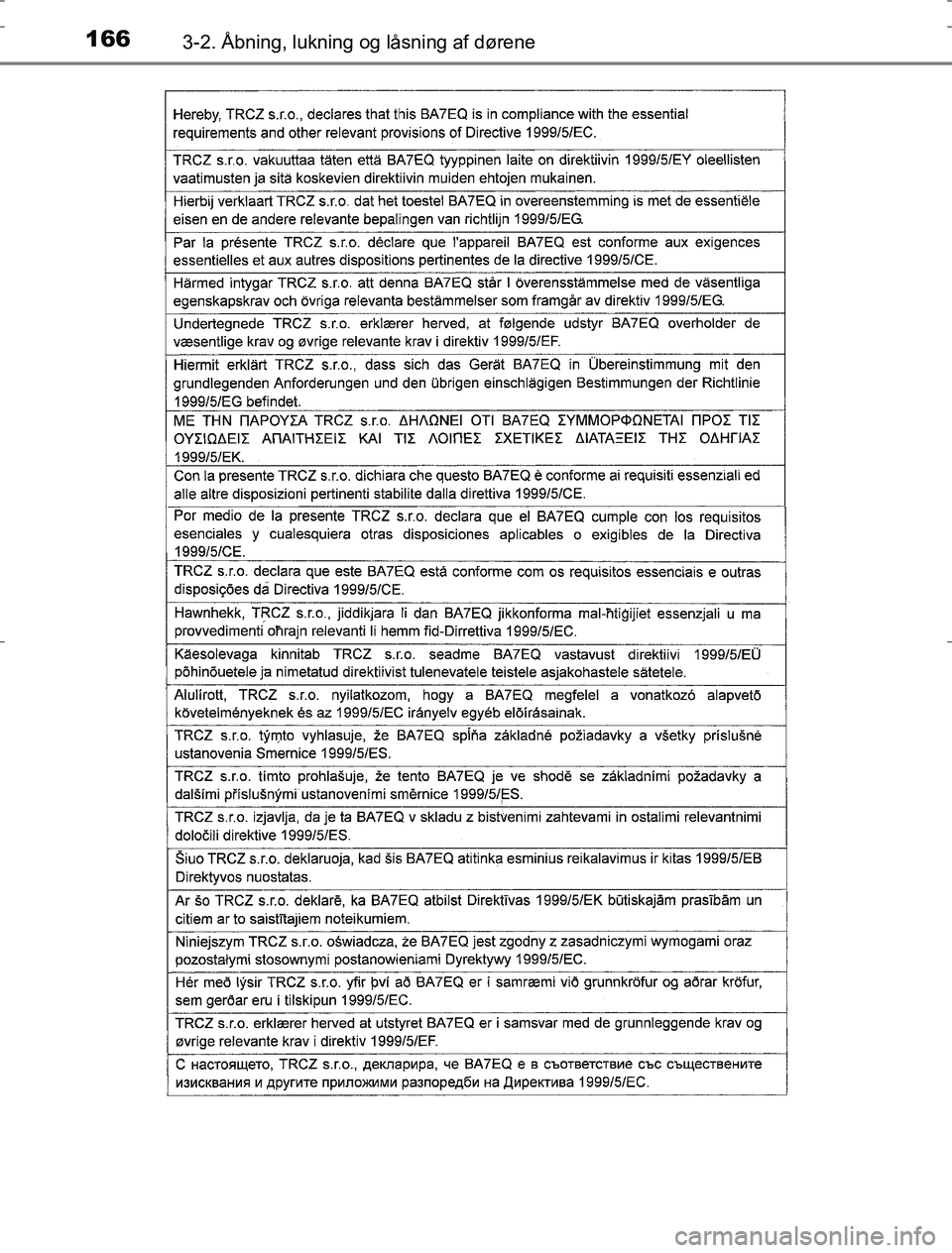 TOYOTA AURIS HYBRID 2016  Brugsanvisning (in Danish) 1663-2. Åbning, lukning og låsning af dørene
AURIS_HV_OM12L07DK
OM12L07DK.book  Page 166  Monday, October 31, 2016  1:47 PM 