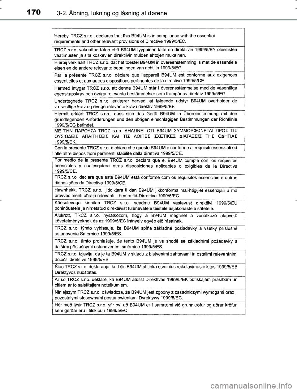 TOYOTA AURIS HYBRID 2016  Brugsanvisning (in Danish) 1703-2. Åbning, lukning og låsning af dørene
AURIS_HV_OM12L07DK
OM12L07DK.book  Page 170  Monday, October 31, 2016  1:47 PM 