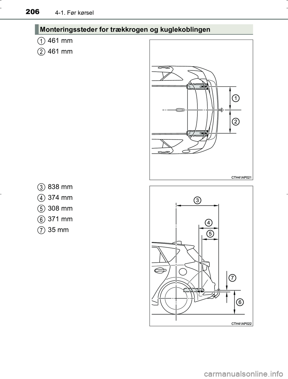 TOYOTA AURIS HYBRID 2016 Brugsanvisning (in Danish) 2064-1. Før kørsel
AURIS_HV_OM12L07DK
461 mm
461 mm
838 mm
374 mm
308 mm
371 mm
35 mm
Monteringssteder for trækkrogen og kuglekoblingen
1
2
3
4
5
6
7
OM12L07DK.book Page 206 Monday, October 31, 2 TOYOTA AURIS HYBRID 2016 Brugsanvisning (in Danish) 2064-1. Før kørsel
AURIS_HV_OM12L07DK
461 mm
461 mm
838 mm
374 mm
308 mm
371 mm
35 mm
Monteringssteder for trækkrogen og kuglekoblingen
1
2
3
4
5
6
7
OM12L07DK.book Page 206 Monday, October 31, 2